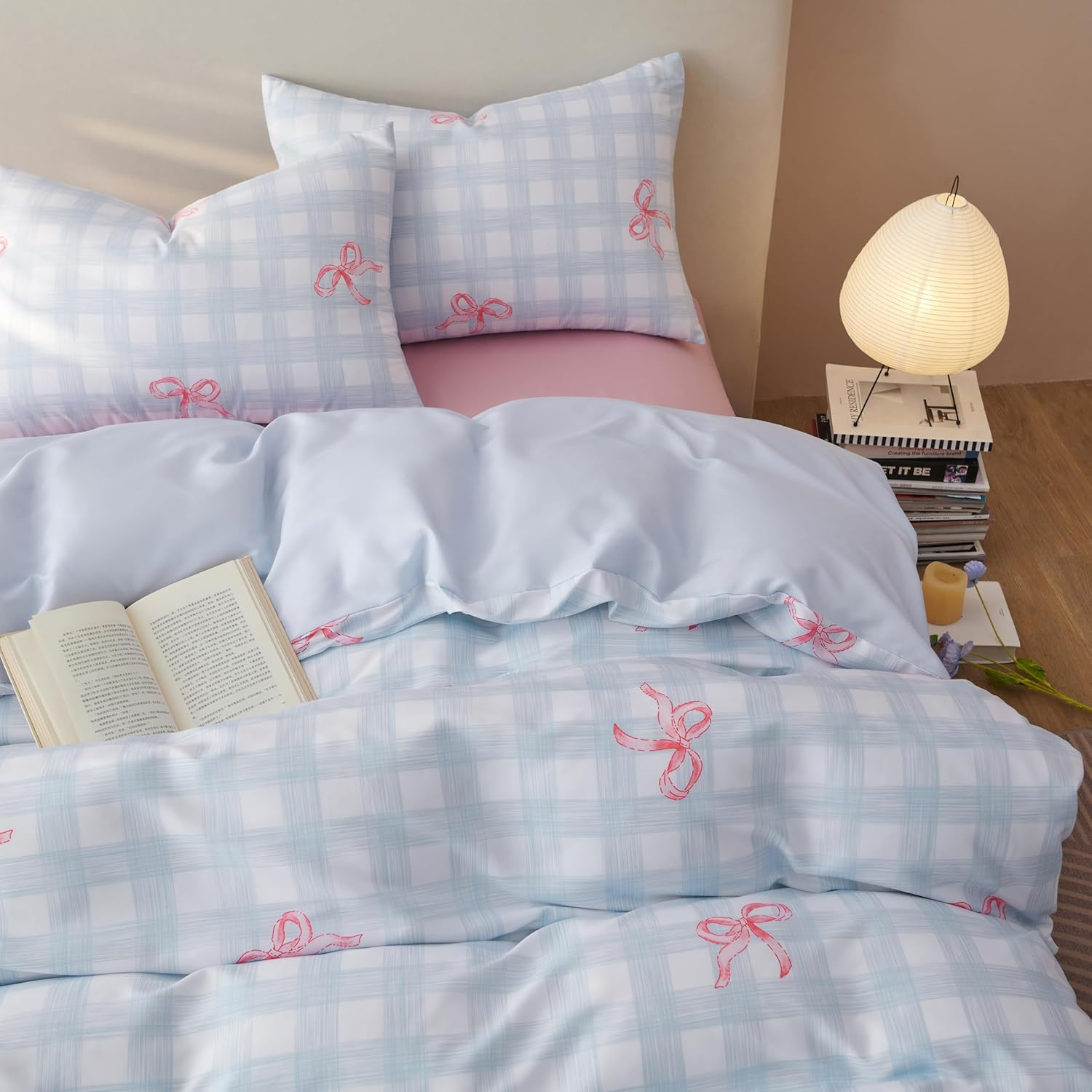 Bildenly Duvet Cover Queen Size Blue Plaid Pink Bowknot Pattern Bedding Set 3 Piece Kids Girls Kawaii Cute Romantic Soft Microfiber Reversible Comforter Cover with Zipper Closure and 2 Pillow Shams image number 4