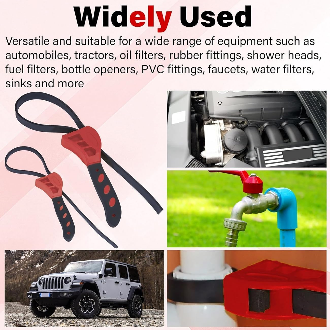 WADY 2PCS Rubber Strap Wrench, Oil Filter Wrench & Jar Opener for Plumbing, Tight Spaces (6-8 Inches), Reinforced Belt Pipe Wrench for Mechanics, Plumbers, DIY Home Repair (Red) image number 3