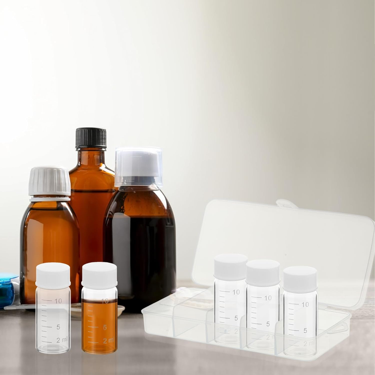 AIHSUMC 5 Pcs Liquid Medicine Travel Container, Scale Glass Liquid Medicine Bottles Travel Size Liquid Medicine Dispenser with Leak-Proof Plug Single Dose Medicine Bottles Containers (Clear, 10Ml) image number 6