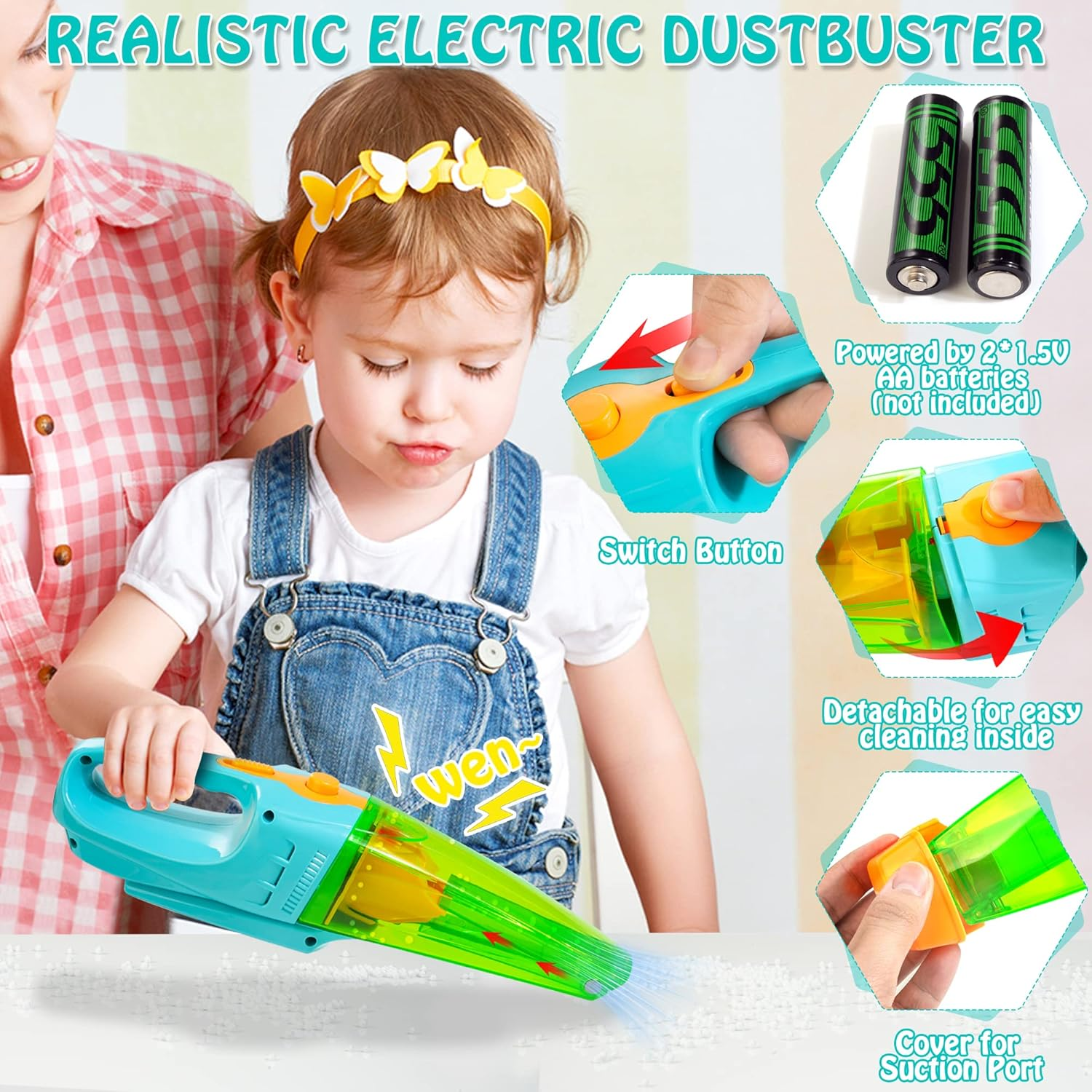 Kids Cleaning Set with Electric Vacuum Cleaners, Wooden Pretend Play Housekeeping Set, Toddler Cleaning Toys for Girls Boys Age 3+ image number 1