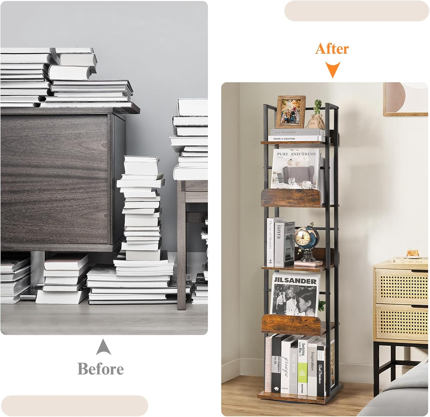 Book Shelf, Rotating Bookshelf for Corner, 5-Tier Small Bookcase, Tall Bookshelf Display, Narrow Bookshelf for Books, Magazines, Decor, Bookshelves for Living Room, Study Room image number 3