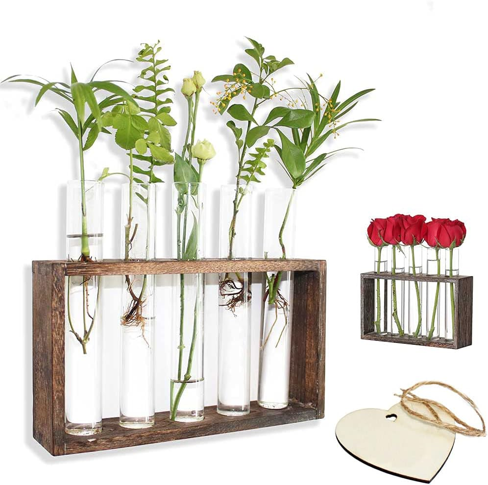 Laffeya Hydroponic Plant Stand, Wall Plant Holder, with 5 Test Tube Vase Retro Solid Wooden Stand, Air Planter Test Tube Glass Vase Holder Wall Mounted Hanging Planter, Gifts for Plant Lovers image number 3