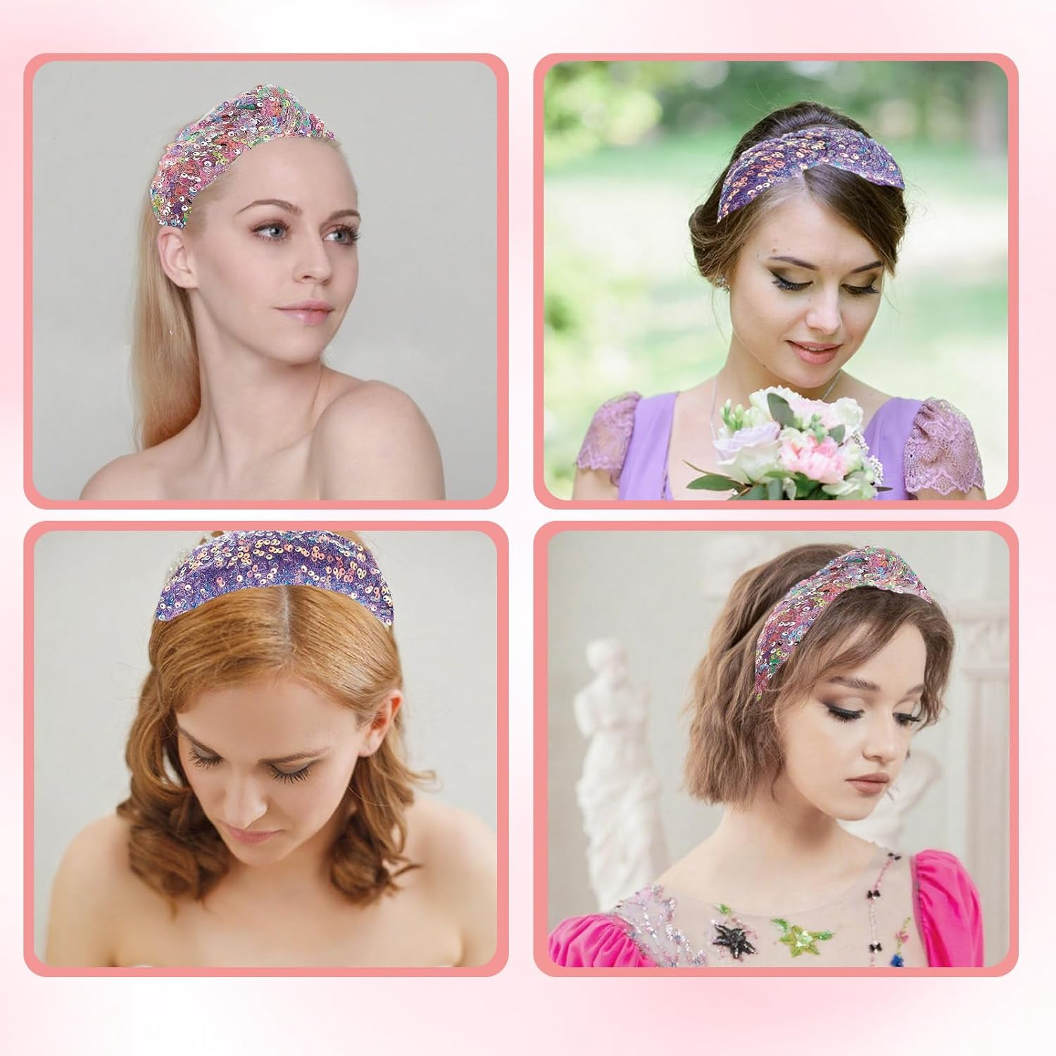 NICENEEDED Pack of 2 Sequin Headband with Knot for Women Sparkling Knotted Wide Hair Bands Glittering Fashionable Iridescent Headbands Hair Accessories for Parties