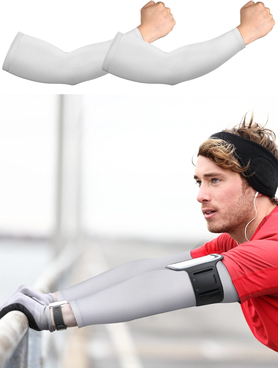 4 Pairs Thermal Arm Warmer Winter Arm Sleeve Cycling Thermal Sleeves Compression Running Arm Warmers Sleeves for Men Women - Black, Dark Gray image number 6