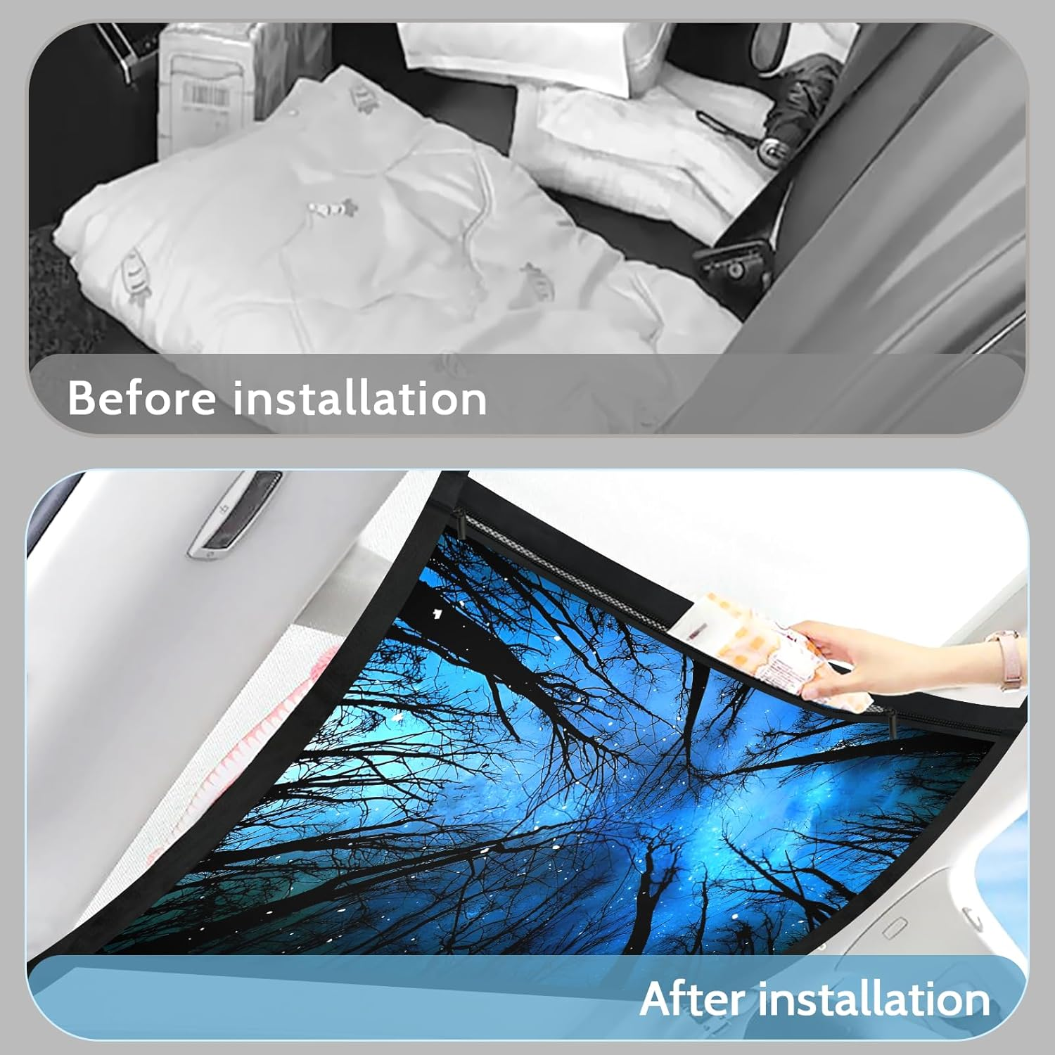 Blue Starry Night Sky Fantasy Trees Car Ceiling Cargo Net Large Storage Pocket 31.5"X23.6" Adjustable Roof Double Layer Net Strengthen Loadbearing Storage Organizer for SUV Trip Camping - Blue Butterfly Print image number 4