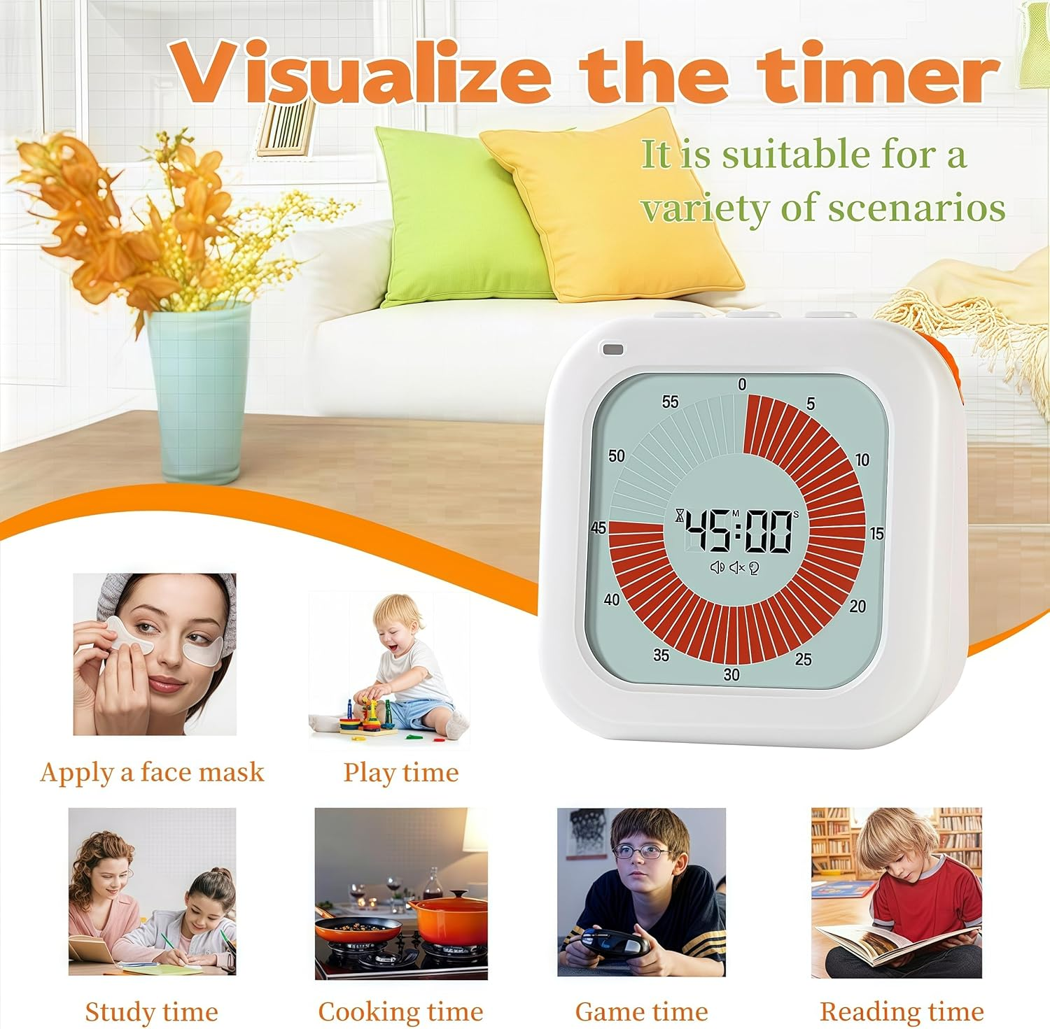 Visual Timer for Kids, 60-Minute Countdown Timer with LCD Display, Pomodoro Timer for Kitchen,Working,Classroom, Timer with Silent Mode for Autism/Adhd (White) image number 1
