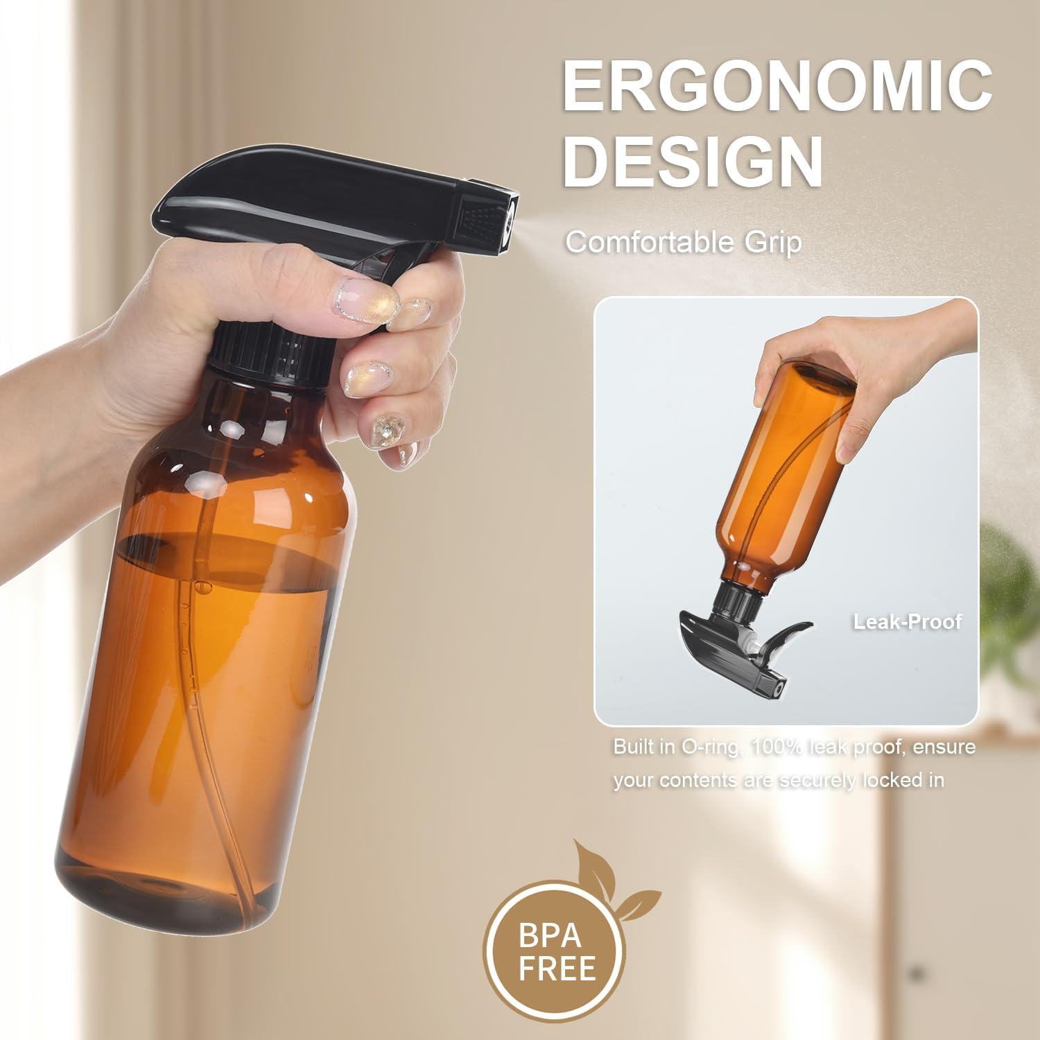 Plastic Spray Bottles, 2-Pack, 16.9 Oz, Mist & Stream, Heavy Duty Spraying, Empty Water Spray Bottle for Cleaning Solutions, Essential Oils, Hair, Plants, BBQ, Cat Dog Behavior Correction (Amber) image number 4