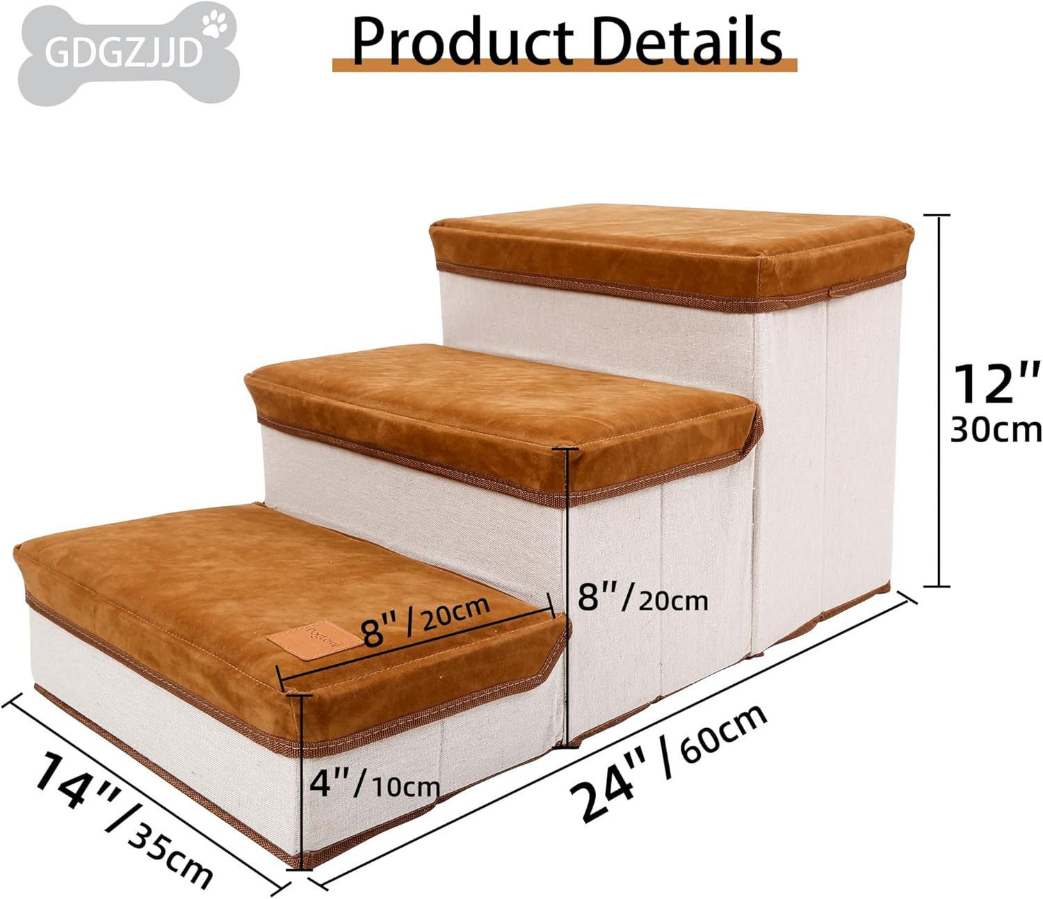 Foldable 3-Step Pet Stairs for Small Dogs & Cats - High-Density Ramp with Storage Box & Non-Slip Base, Perfect for Gifts (Brown) - Grey image number 2