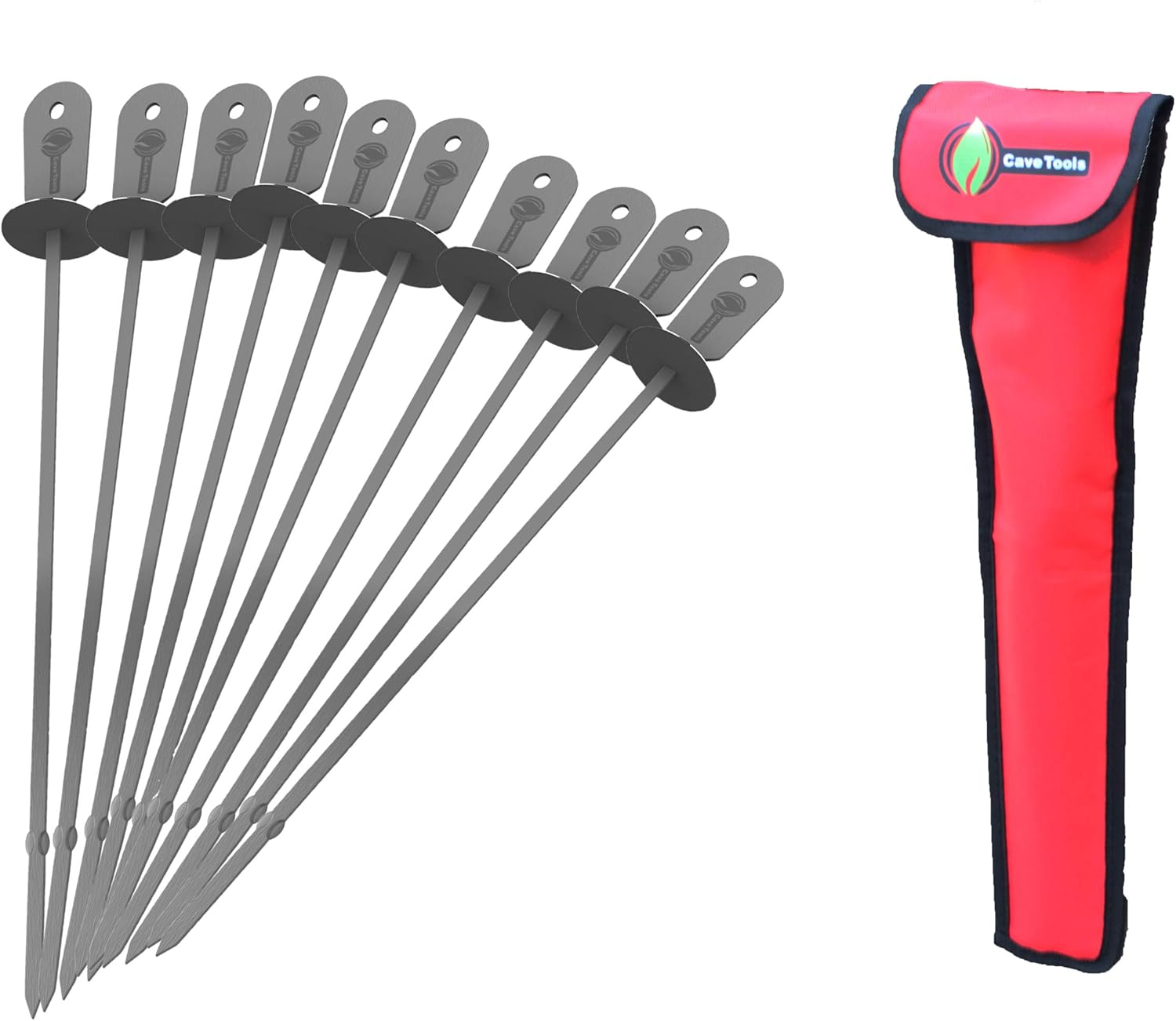 BBQ Skewers Set (10) - EXTRA LONG 17.3 INCH SHISH KABOB - Flat Stainless Steel Wide Metal Barbecue Cooking Sticks with Food Removal Ring and Canvas Storage Case for Hanging on Grill - Cave Tools image number 1