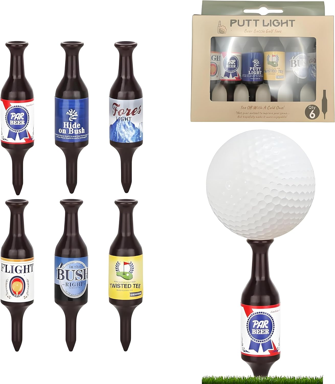 Personalised Golf Tees Mini Beer Bottle Golf Tees 6-Pack - Novelty Golf Accessories with Unique Bottle Design, Durable Plastic Tees for Social Games & Gifts