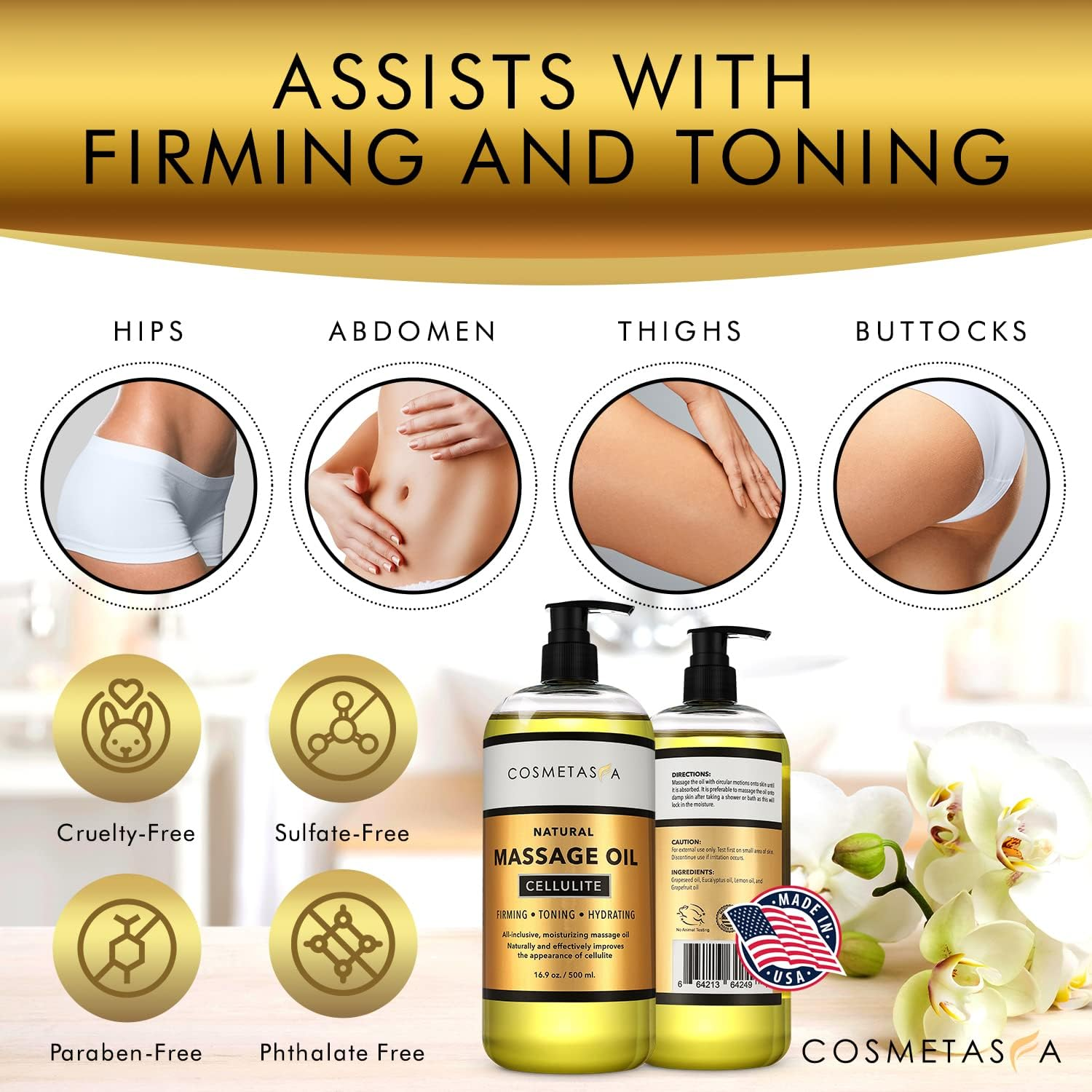 Cosmetasa anti Cellulite Massage Oil - 100% Natural Cellulite Treatment, Deeply Penetrates Skin to Break down Fat Tissue- Firms, Tones, Tightens & Moisturizes Skin 8.8 by (16.9 Oz, Set) image number 6