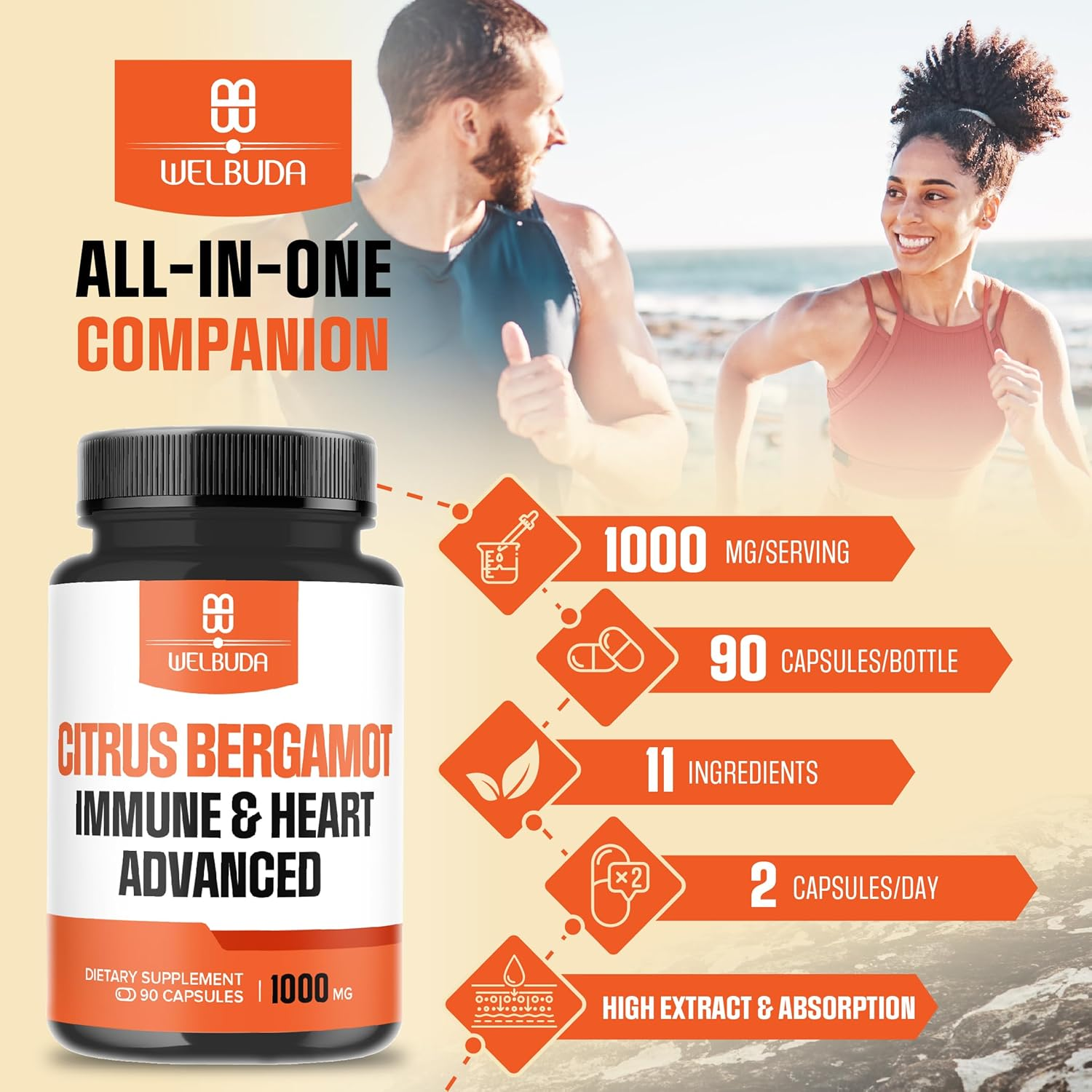 Citrus Bergamot Capsules with Advanced Immune Blend Elderberry, Echinacea, Garlic Bulb, Olive Leaf, Astragalus & Heart Blend Black Chokeberry, Olive Leaf, Hawthorn, Garlic and Hibiscus - 90 Pills image number 4