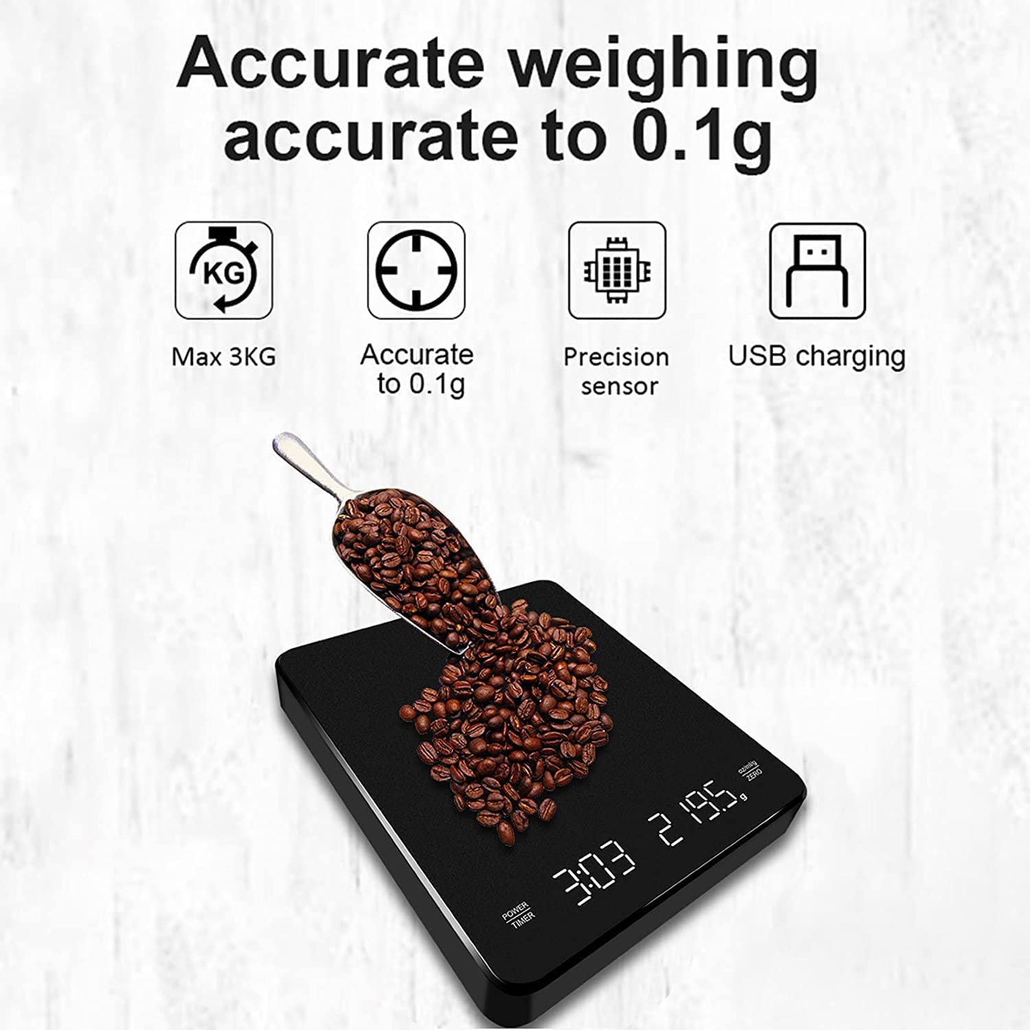 Digital Coffee Scale with Timer, 0.1G/3Kg Rechargeable Coffee Weight Scale, High Precision Espresso Coffee Scale for Pour over with Invisible LED Display and Touch Sensor Operation image number 4