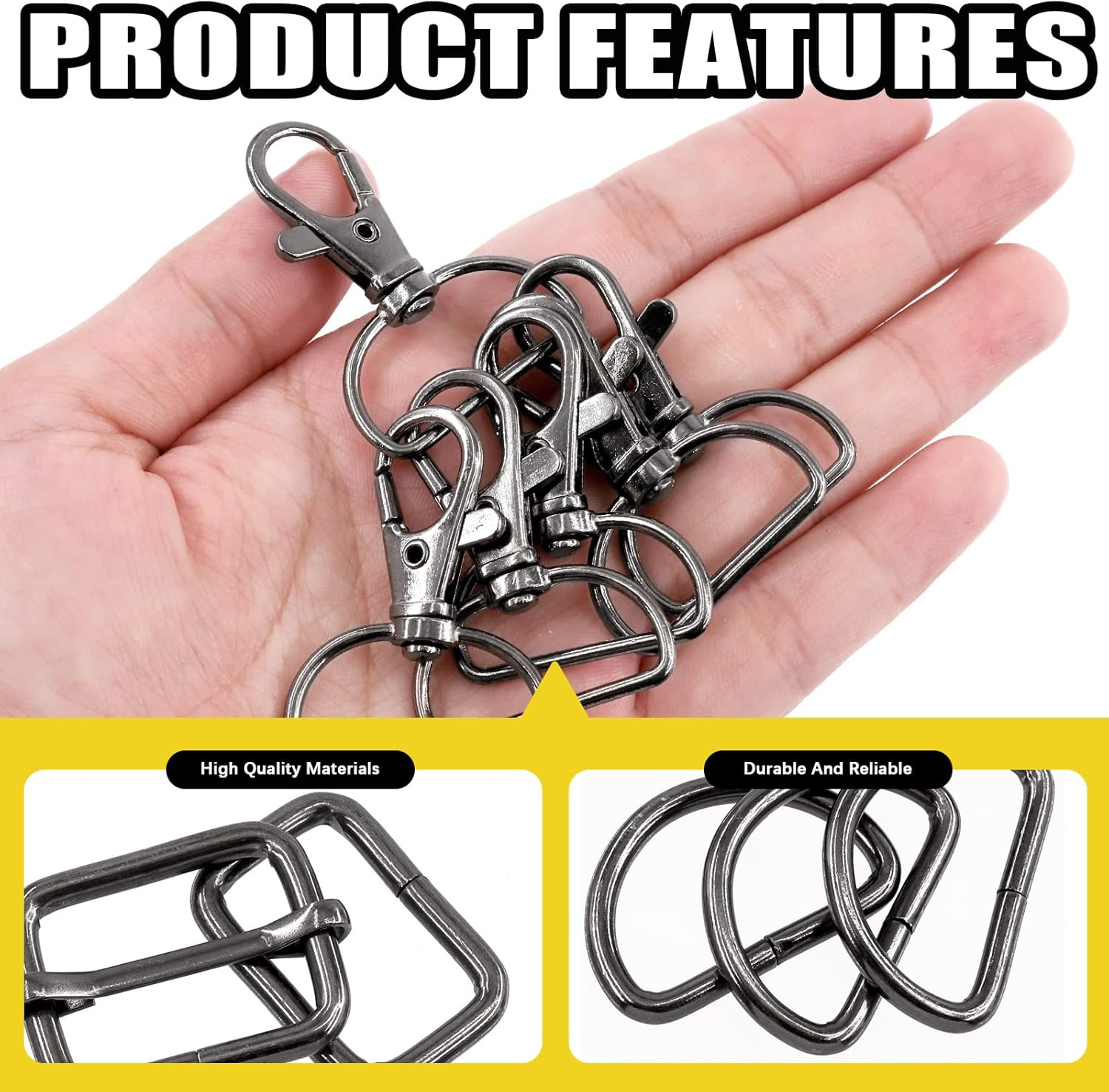 Mardatt 100 PCS 3 Colors Hardware Buckles Kit Including D-Ring, Triangle Slide Square Rings Magnetic Snap Swivel Clasp Hooks, Black image number 3