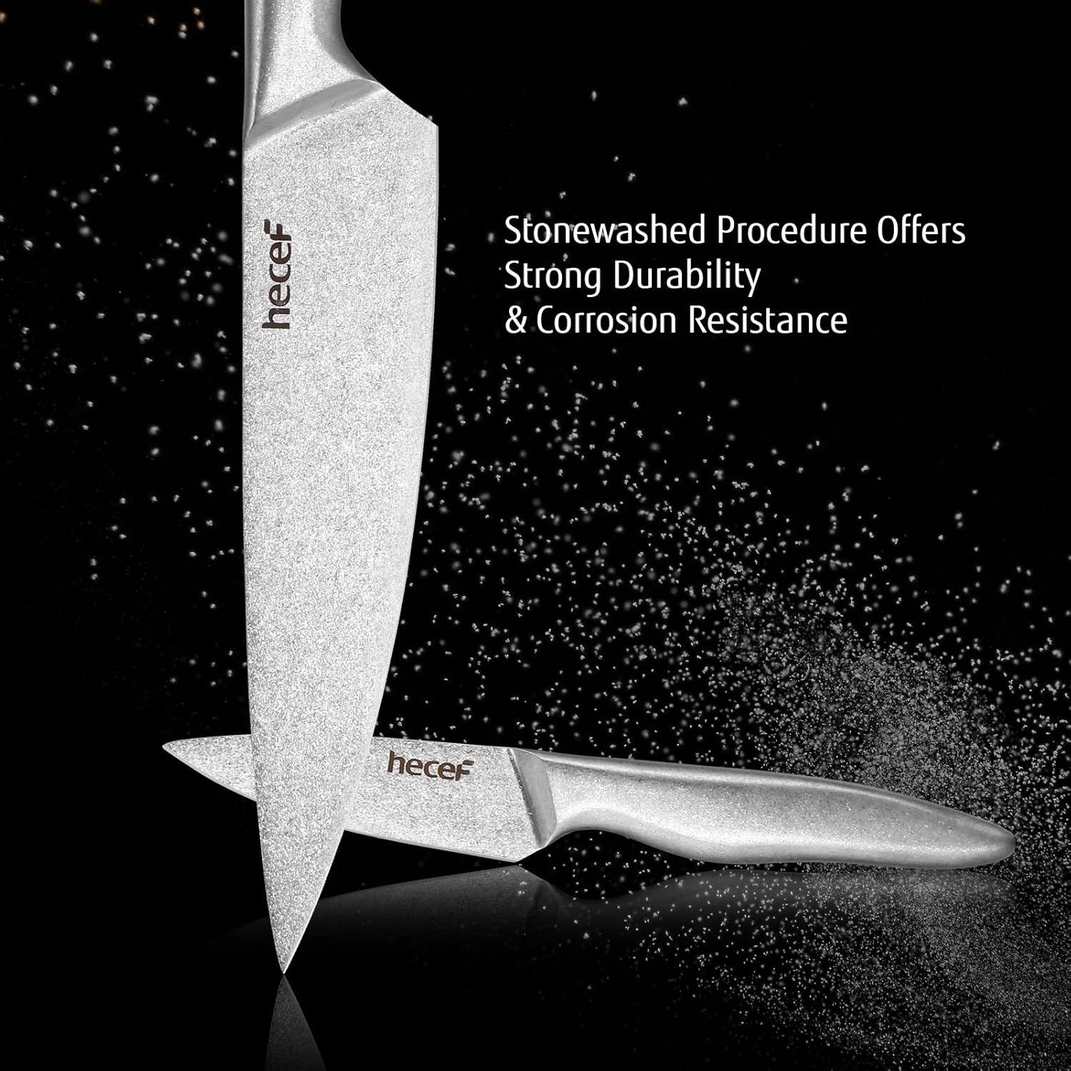 Hecef Vintage Style Kitchen Knife Sets,Scratch Resistant Camping Matte Knives with 5 Slots Recycled Oxford Cloth Knife Roll Bag & Covers,Stonewashed High Carbon Stainless Steel Blades & Hollow Handle