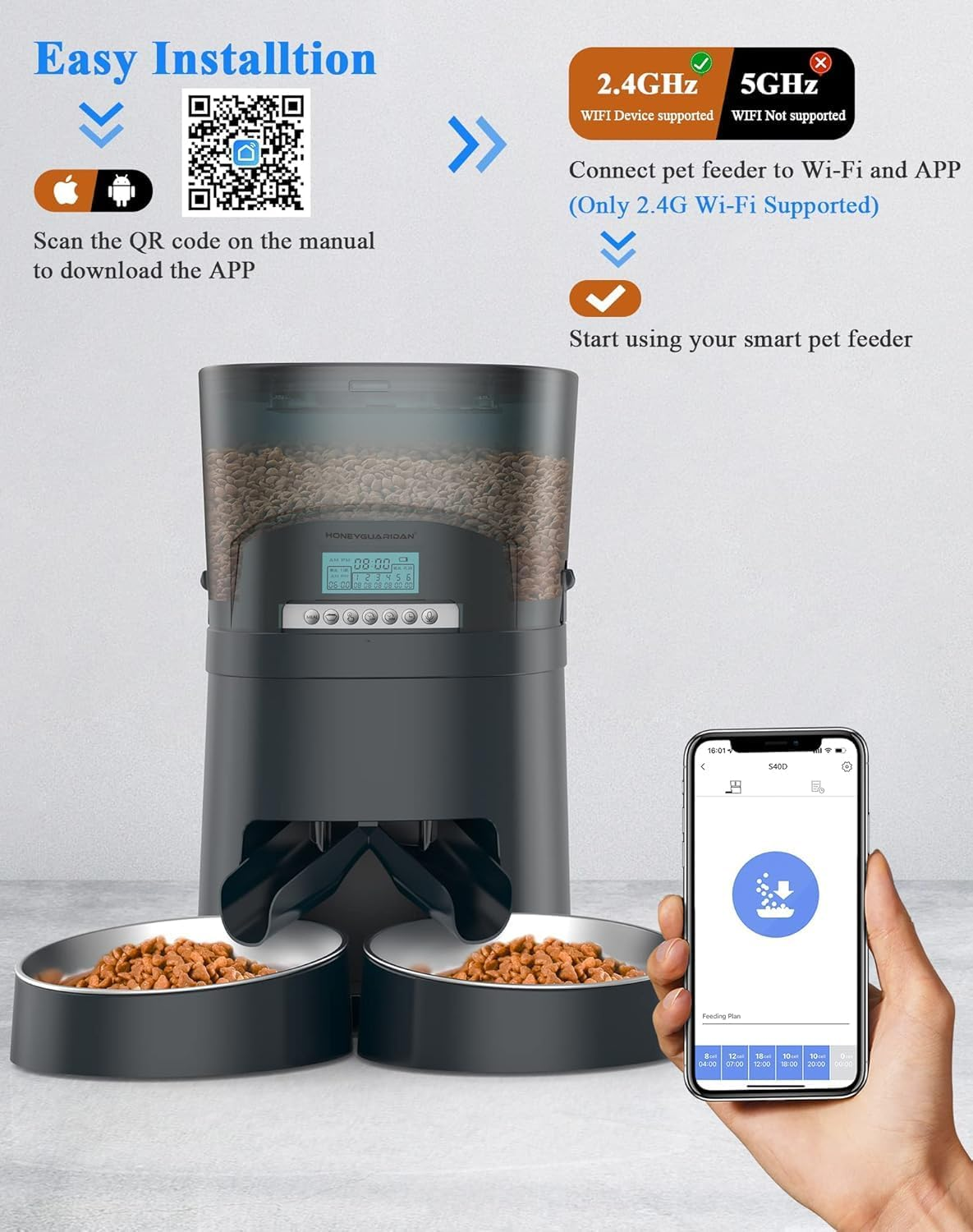 Honeyguaridan Automatic Cat Feeder, 2 Bowls, 4.5 L Cat Food, Automatic Feeder with Timer (Blue) image number 5