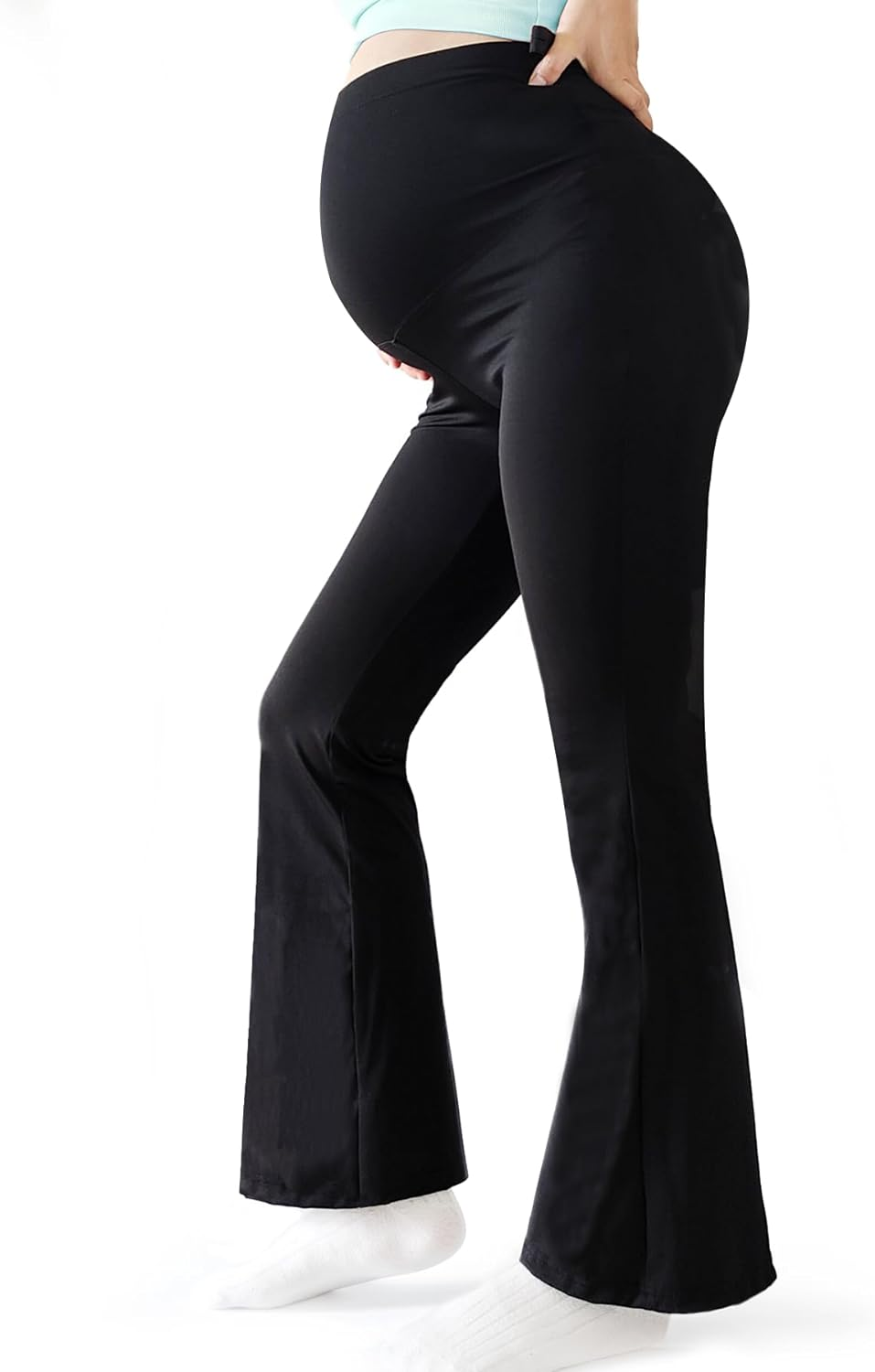 Alled Maternity Leggings over Bump,Buttery Soft Maternity Leggings Petite Flare, Pregnancy Pants