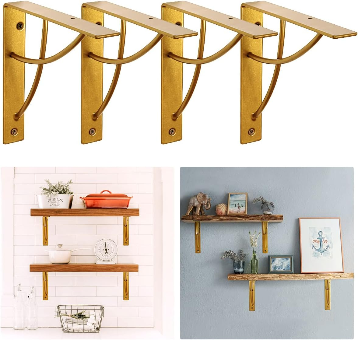 WAALIJI Metal Shelf Brackets, Gold Heavy Duty Shelf Bracket 7 Inch for Floating Shelf DIY Open Shelving Modern L & Cross Design Set of 4 image number 2