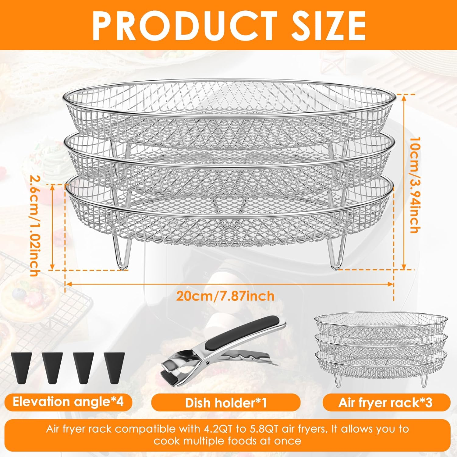 3 Layer Air Fryer Accessories Rack round Stainless Steel Air Fryer Dehydrator Rack Stackable Multifunctional Air Fryer Basket with 8 Silicone Feet 1 Anti-Scald Clip for 4.2-5.8 QT Air Fryer Baking image number 2