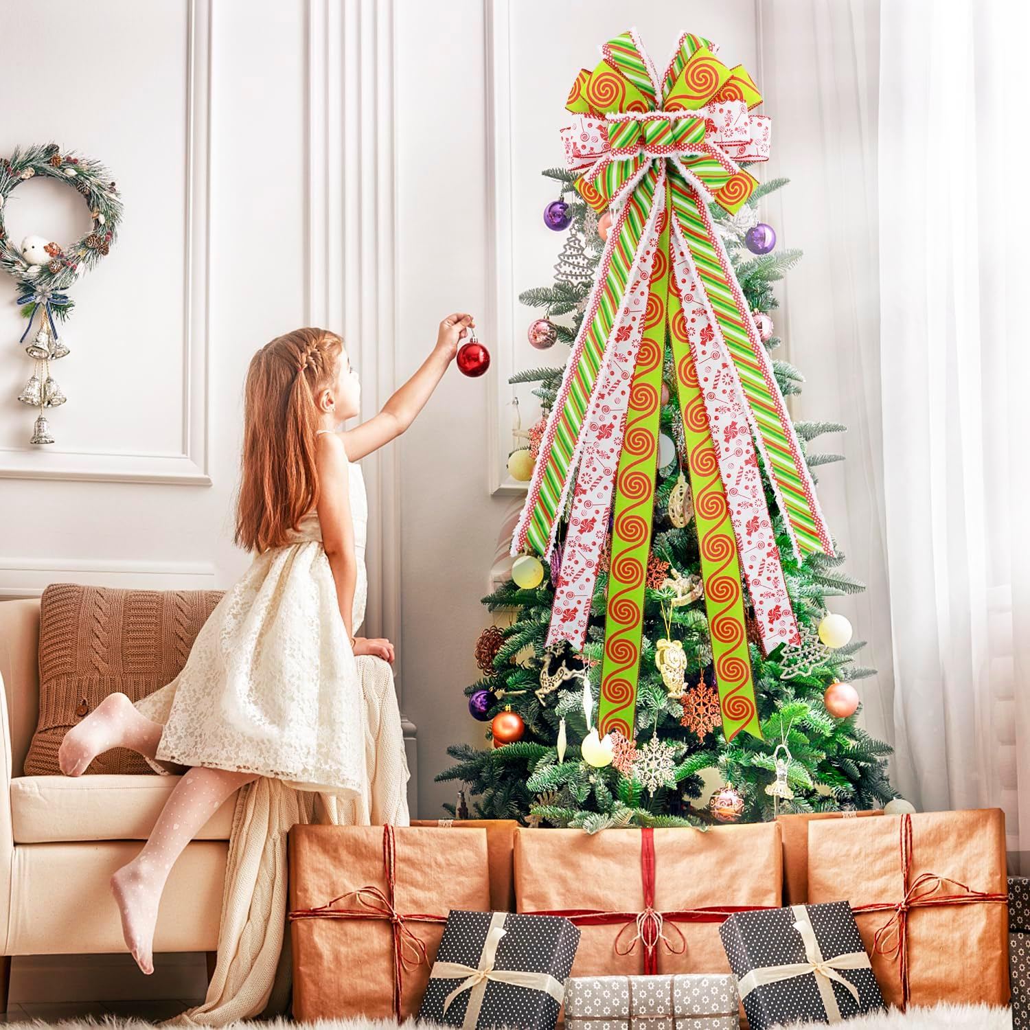 Christmas Tree Topper Large Green Christmas Bow Tree Topper, Candy Green Stripe Swirl Gift Bow for Xmas Tree Handmade Holiday Party Home Wedding Indoor/Outdoor Decorations -13 X 45 Inch image number 4