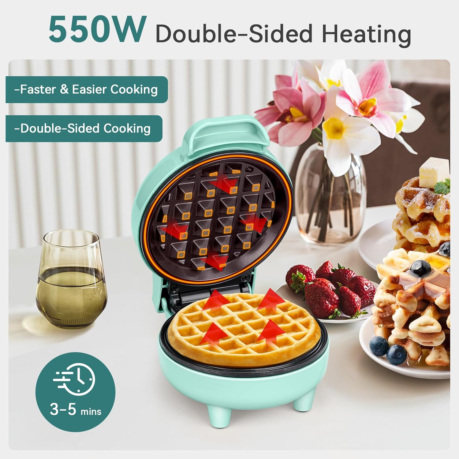 SNAILAR Mini Waffle Maker Belgian Waffle Maker Small Classic Waffle Maker for Children'S Birthdays, Family Parties, Easter or Christmas, Cute and Compact Design, 550 Watts, Green - Green image number 4