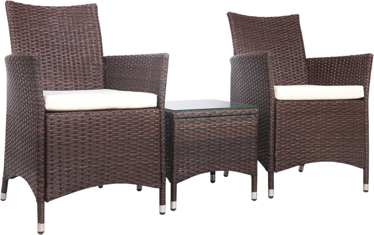Gardeon 3Pcs Wicker Patio Furniture, Bistro Set Table and Chairs Outdoor Lounge Setting Conversation Sets Dining Chair Garden Backyard, Cushion with Rattan Coffee Table Glass Tabletop Black image number 3