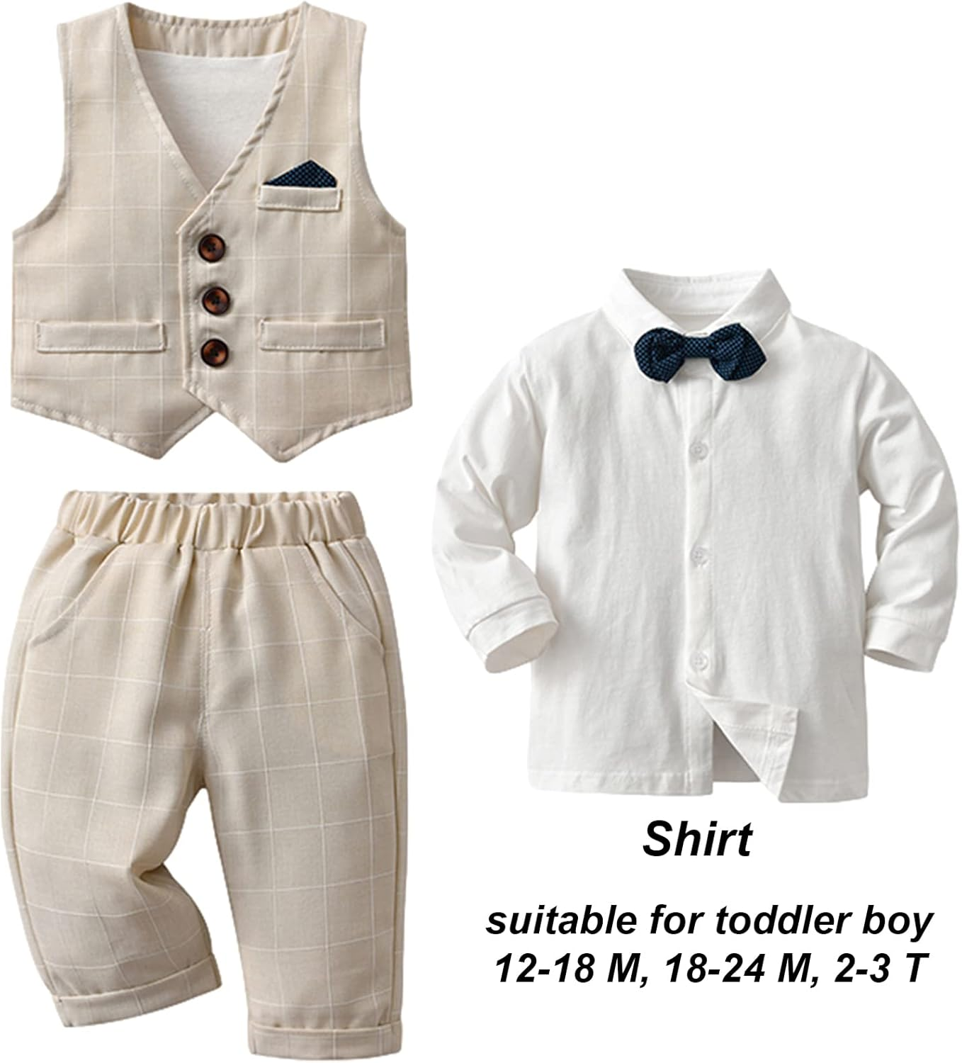 Amokk Baby Boy Formal Outfits White Shirt + Plaid Waistcoat + Pants + Bowtie 4Pcs Gentleman Clothing Set for 1St Birthday image number 1
