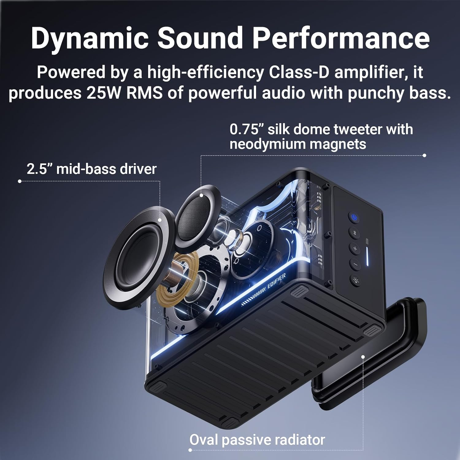 Edifier QD25 Bluetooth Speaker, Portable Desktop Audio, 25W RMS Dynamic Sound, Hi-Res Audio Splendid Light Effects 15H Playtime Bluetooth 6.0 Wireless Stereo Pairing (Black) image number 3