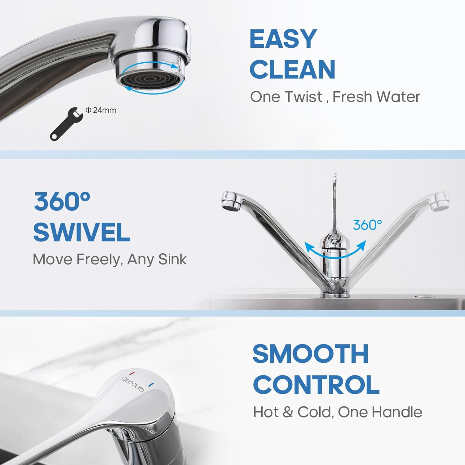 Decaura Kitchen Mixer Tap with Extra Long Handle, Lead-Free 360&deg; Swivel Spout Laundry Sink Tap, Designed for Seniors and Easy Accessibility (Chrome) image number 5