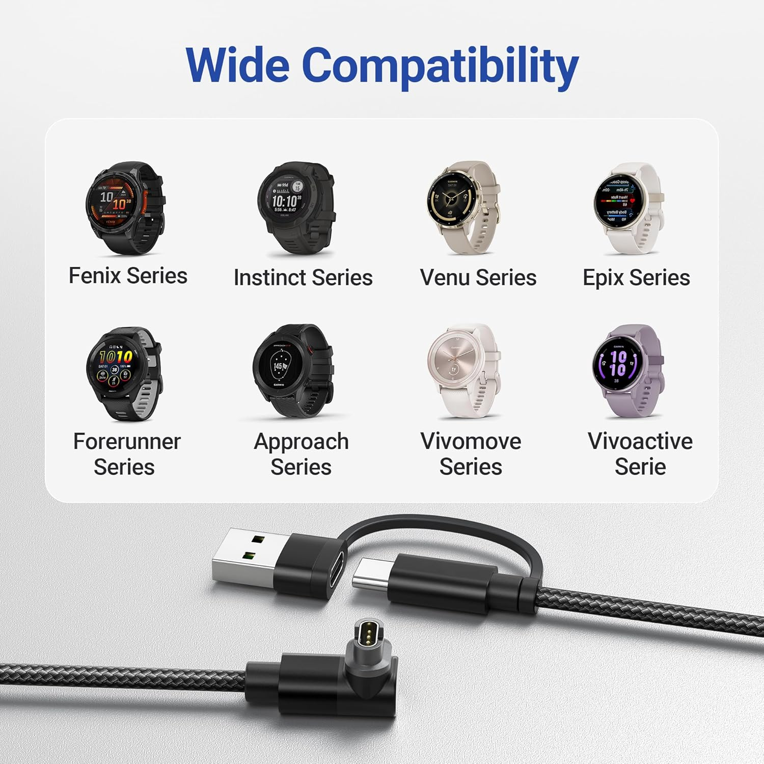 Itramax 2-In-1 Charger Cable for Garmin Watch 1.2M 1Pack,Charging Power Cord for Garmin Fenix 8 E 7 7X 7S 6 5X 5S Solar,Forerunner 965 955 265 255 245 165 55,Venu 2,Instinct,Vivoactive 5 4,Vivomove 3S image number 5