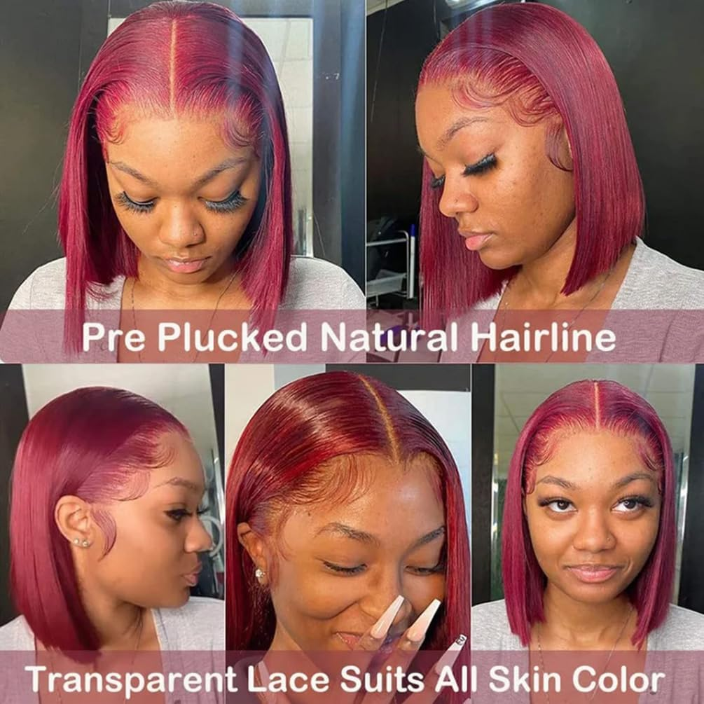 4X4 Burgundy 99J Human Hair Wigs for Black Women Glueless Pre Lined 150% Straight 10 Inch