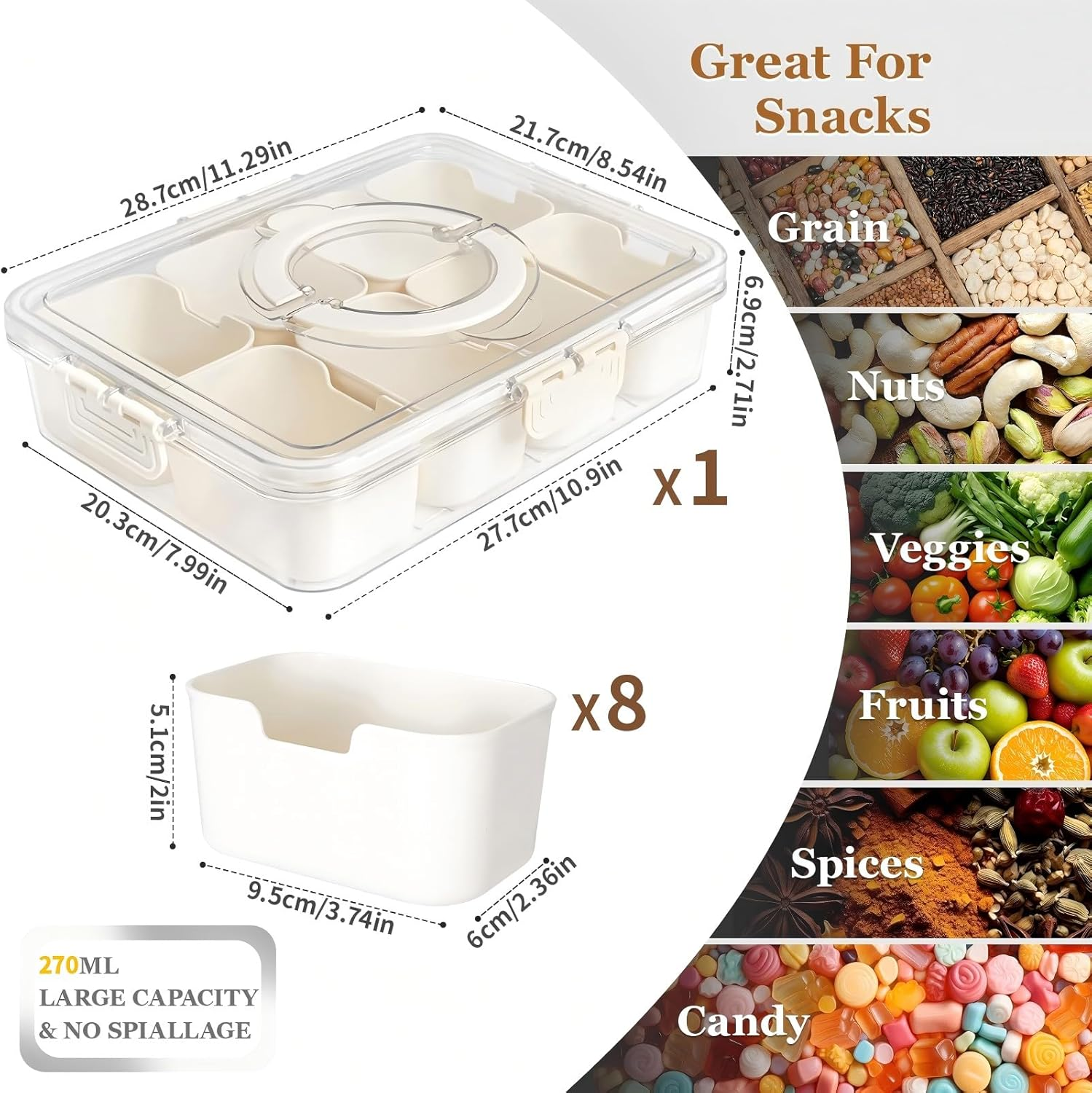 Snackle Box Container, Portable Snack Box 8 Compartment Divided Serving Tray with Lid and Handle, Clear Storage Organizer for Fruit Candy Nuts Veggie, Snacks, Beach Essentials, Road Travel Party