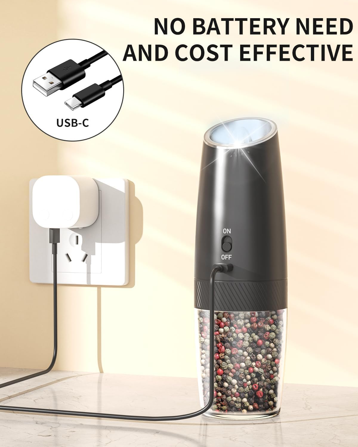 CIRCLE JOY Gravity Electric Salt and Pepper Grinder Set Rechargeable Salt and Pepper Shakers Automatic Mill Grinder with White LED Light, Adjustable Coarseness, Washable 135Ml Container, Black image number 4