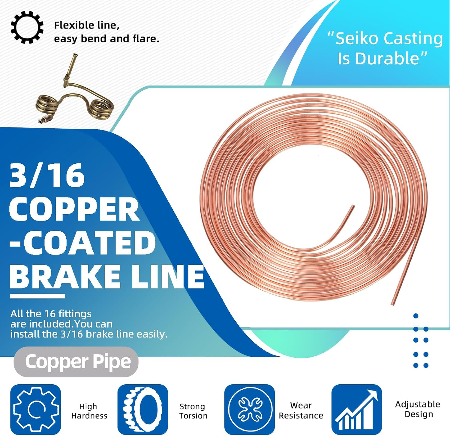 Glarks 3/16 Brake Line Tubing Kit, Copper-Coated Steel Tube Roll and Fittings, Steel Tubing Coil Kit with 16Pcs Inverted Tube Nut Fittings for Hydraulic Braking Systems, Fuel Systems image number 4