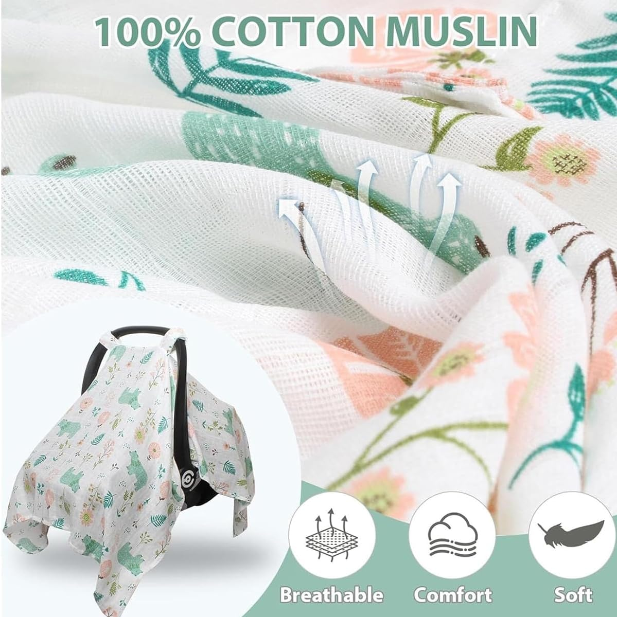 AIMALL 2-Pack Baby Muslin Cotton Push Car Seat Cover, Breathable Windproof Dustproof Infant Carriage Cover with Cartoon Prints, 44.9In X 35.4In, Universal Fit for Baby Carriers image number 6