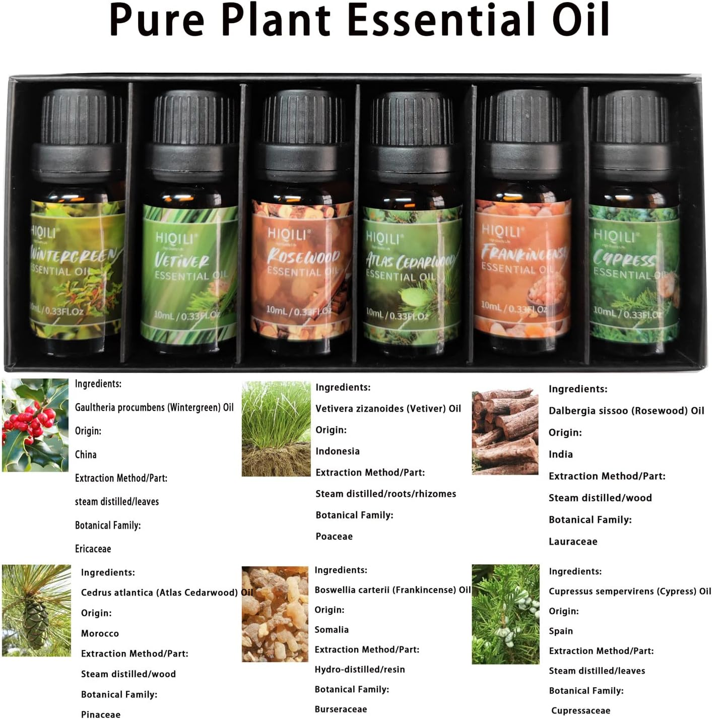 HIQILI Woodsy Essential Oil Set 6X10Ml,100% Pure for Diffuser Aromatherapy, Perfume Making Massage Oil Skin Beauty Care,Cedarwood, Wintergreen, Frankincense, Vetiver, Rosewood, Cypress image number 5