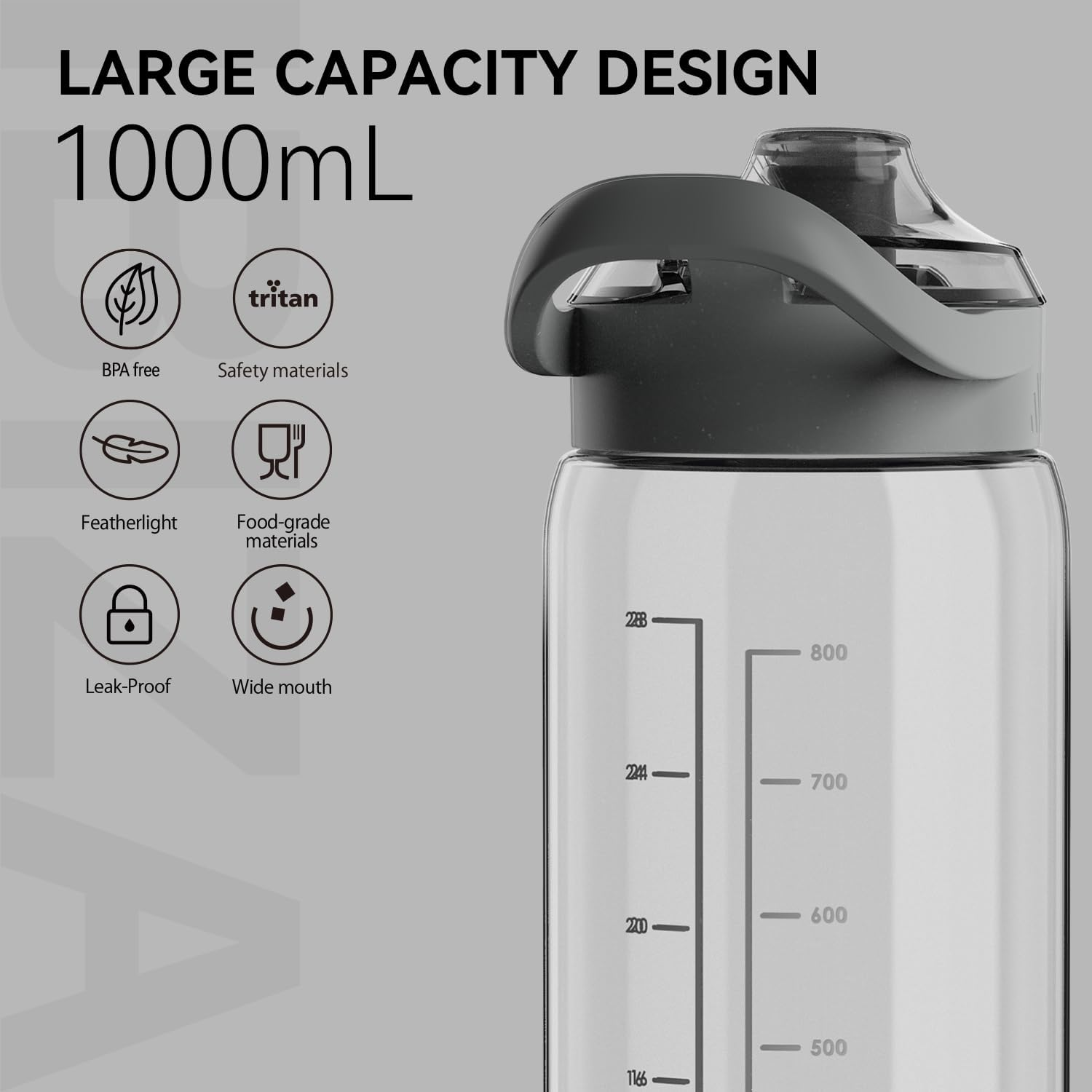 SANTECO 1L Water Bottle BPA Free - Lightweight Sports Bottle with Handle, Leak Proof, Easy Clean, Good for Gym Hiking Travel (Light Grey, 1000Ml) - Lotus Bud image number 3