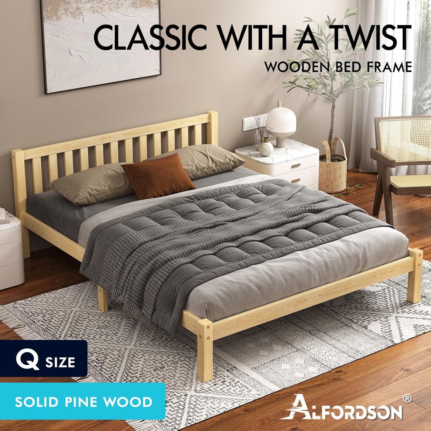 ALFORDSON Queen Bed Frame Wooden Bed Base with Solid Wood Pine Timber Slats, Mattress Base Platform with Storage Space, Oak Bed Foundation with High Headboard, Fenella Series Bedroom Furniture
