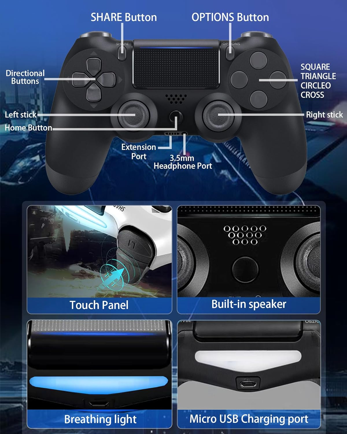 Wireless Controller for Ps-4,Compatible with P-S4/Pro/Slim/Pc Bluetooth Controller,Dual Vibration,Touch Panel, 3.5Mm Audio Jack,Six-Axis Joystick(Black) image number 5