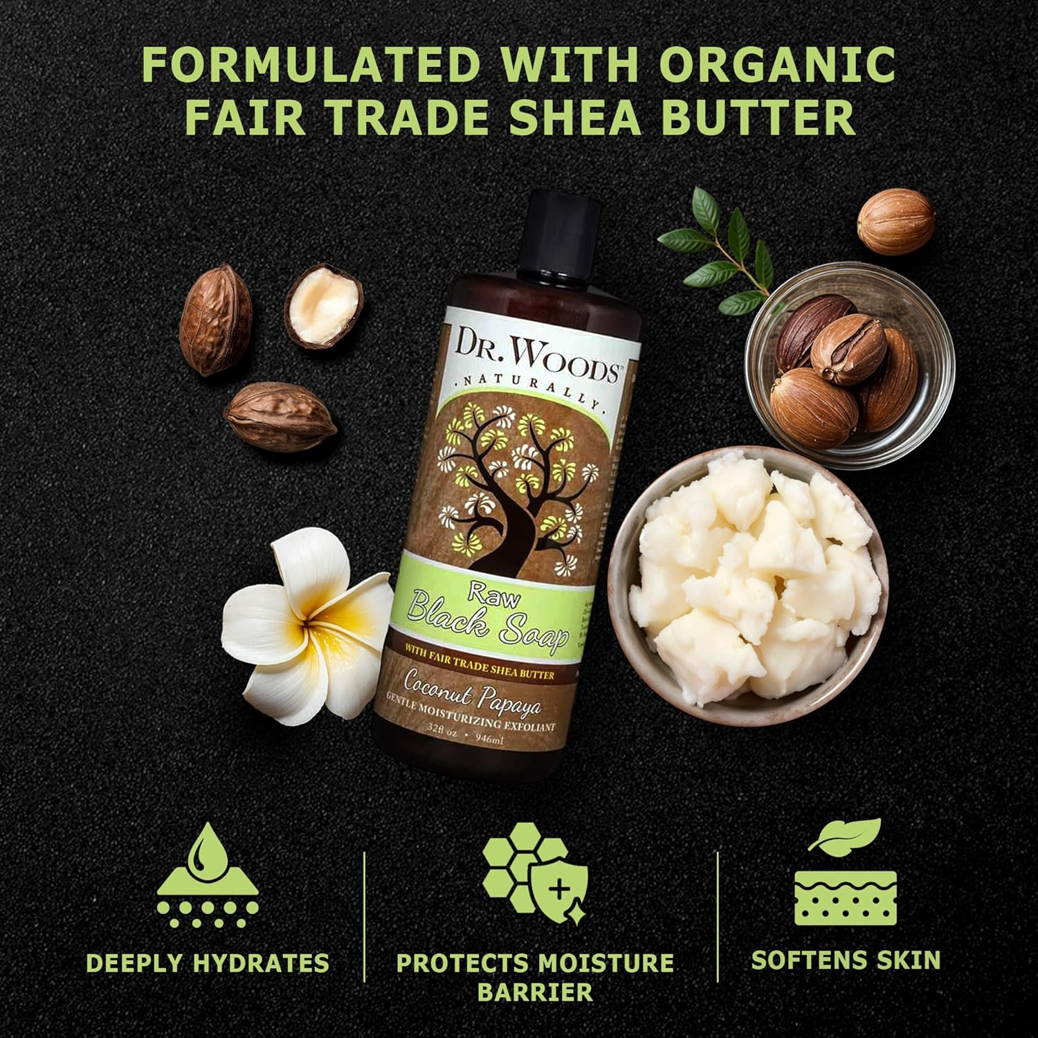 (240Ml) - Dr. Woods Raw Moisturising Black Coconut Papaya Soap with Organic Shea Butter, 240Ml