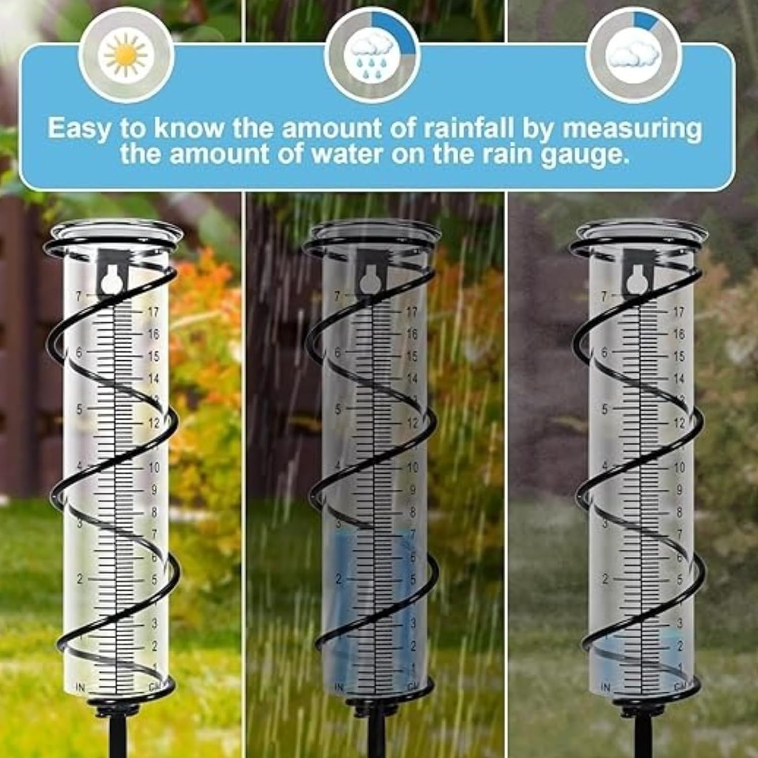 FOTIOMRG Garden Rain Gauge with Spiral Design Clear Plastic Tube with Metal Stake, 8.86In Height, Decorative Outdoor Water Measurement Tool for Garden, Yard, Lawn image number 2