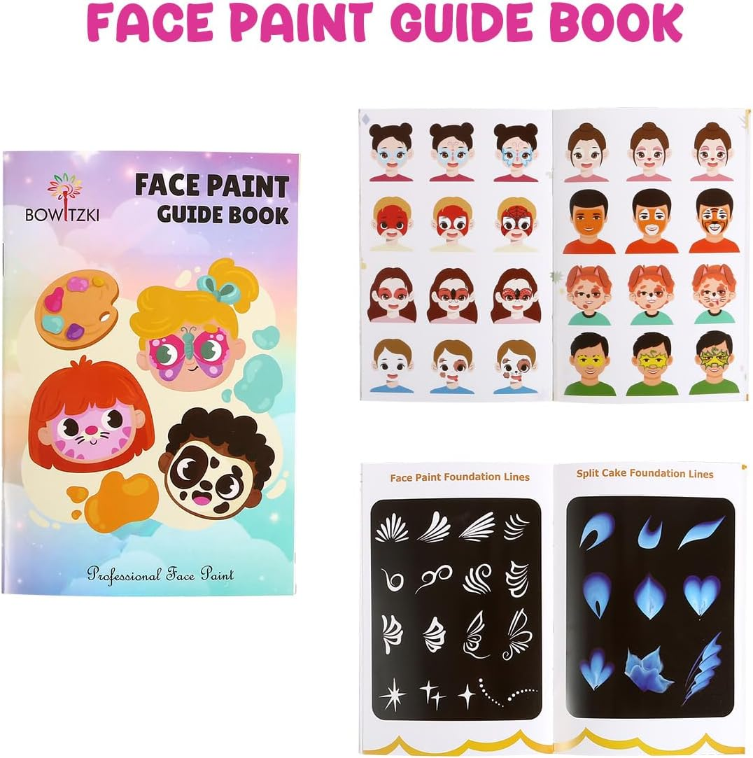 Bowitzki Face Paint 12X10 Gm Professional Body Painting Kit for Kids Adults Stencil One Stroke Split Cake Non Toxic Rainbow Flora Dolphin Unicorn Flame Makeup Halloween Christmas Easter - Bright Set image number 2