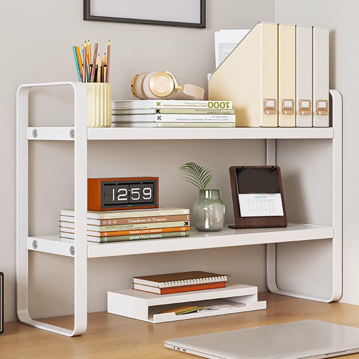 Desktop Organizer, Office Desk Storage Shelf, Desktop Bookcase Wood Bookshelf (Black + Wood)