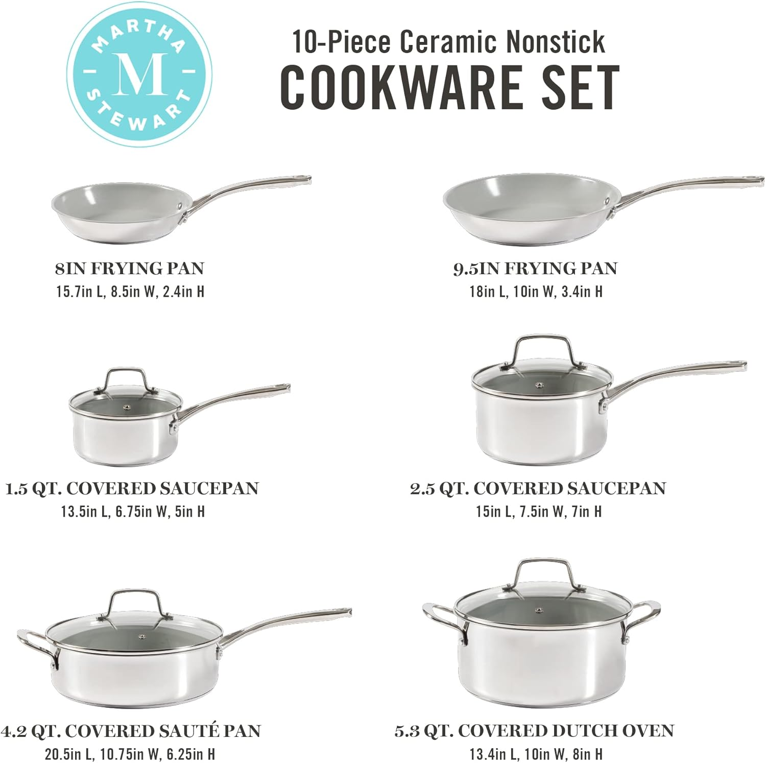 Martha Stewart Delaroux 10 Piece Stainless Steel Cookware Set W/Pfas Free Premium Nonstick Ceramic Interior image number 5