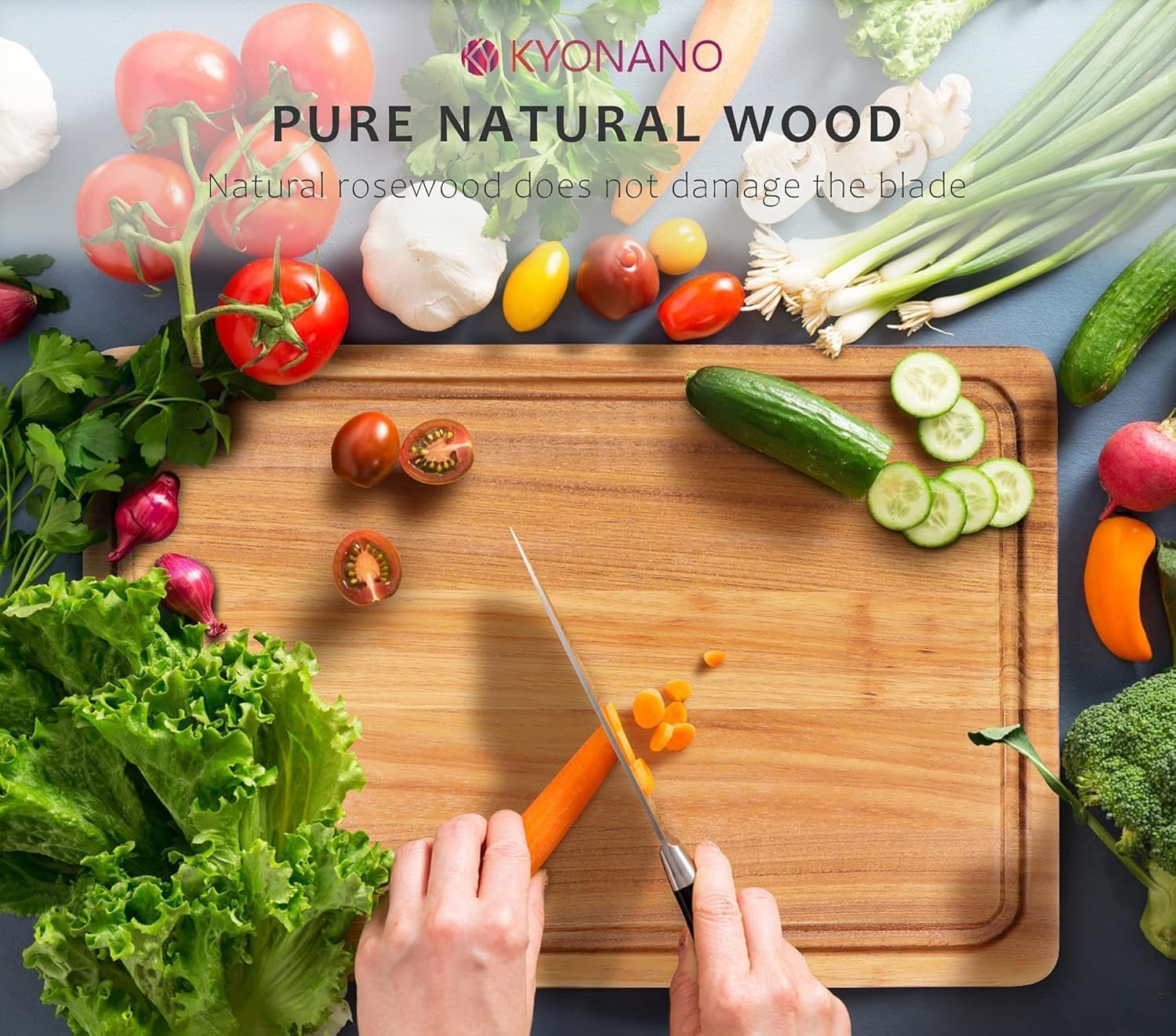 KYONANO Wooden Chopping Board, Large Rosewood Cutting Board for Kitchen, 38 X 25 X 2.5 CM Chopping Carving Board with Juice Groove Handle Hanging Hole, Butcher Block for Meat and Vegetables