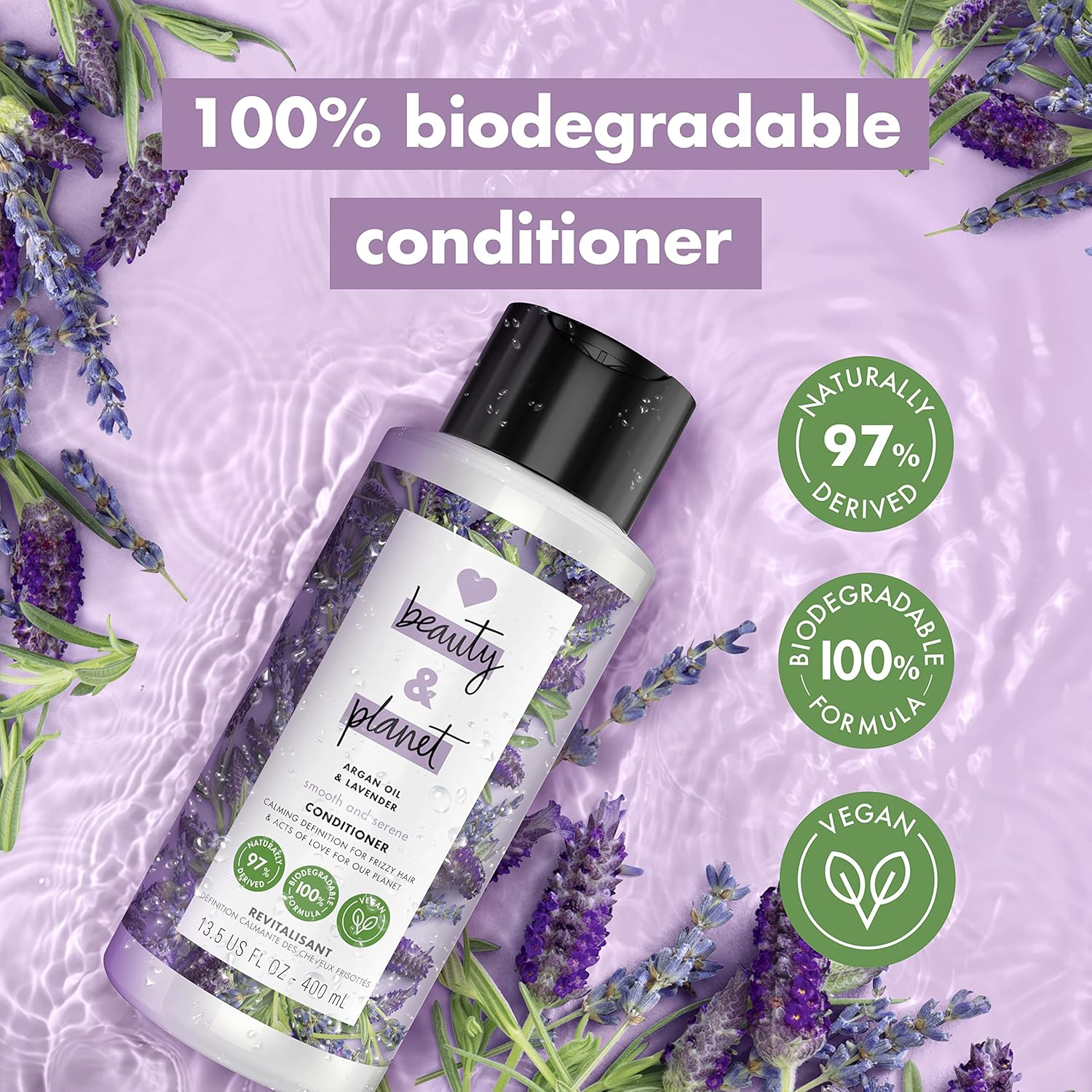 Love Beauty and Planet Smooth & Serene Biodegradable Conditioner for Frizz Control - Argan Oil & Lavender, Vegan, 0% Silicones, Parabens, and Dyes - 13.5 Oz image number 4