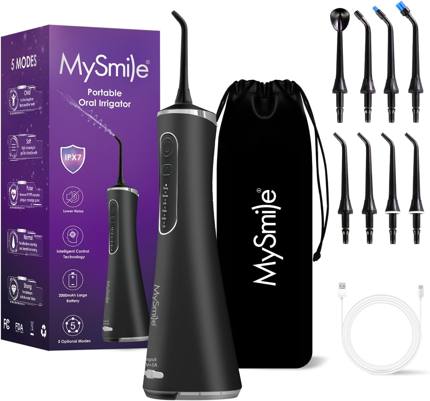 Mysmile LP211 Cordless Advanced Water Flosser for Teeth, 5 Cleaning Modes Rechargeable Power Dental Flosser 8 Replacement Jet Tips IPX 7 Waterproof Dental Irrigador with Portable Travel Storage Pouch (Black)