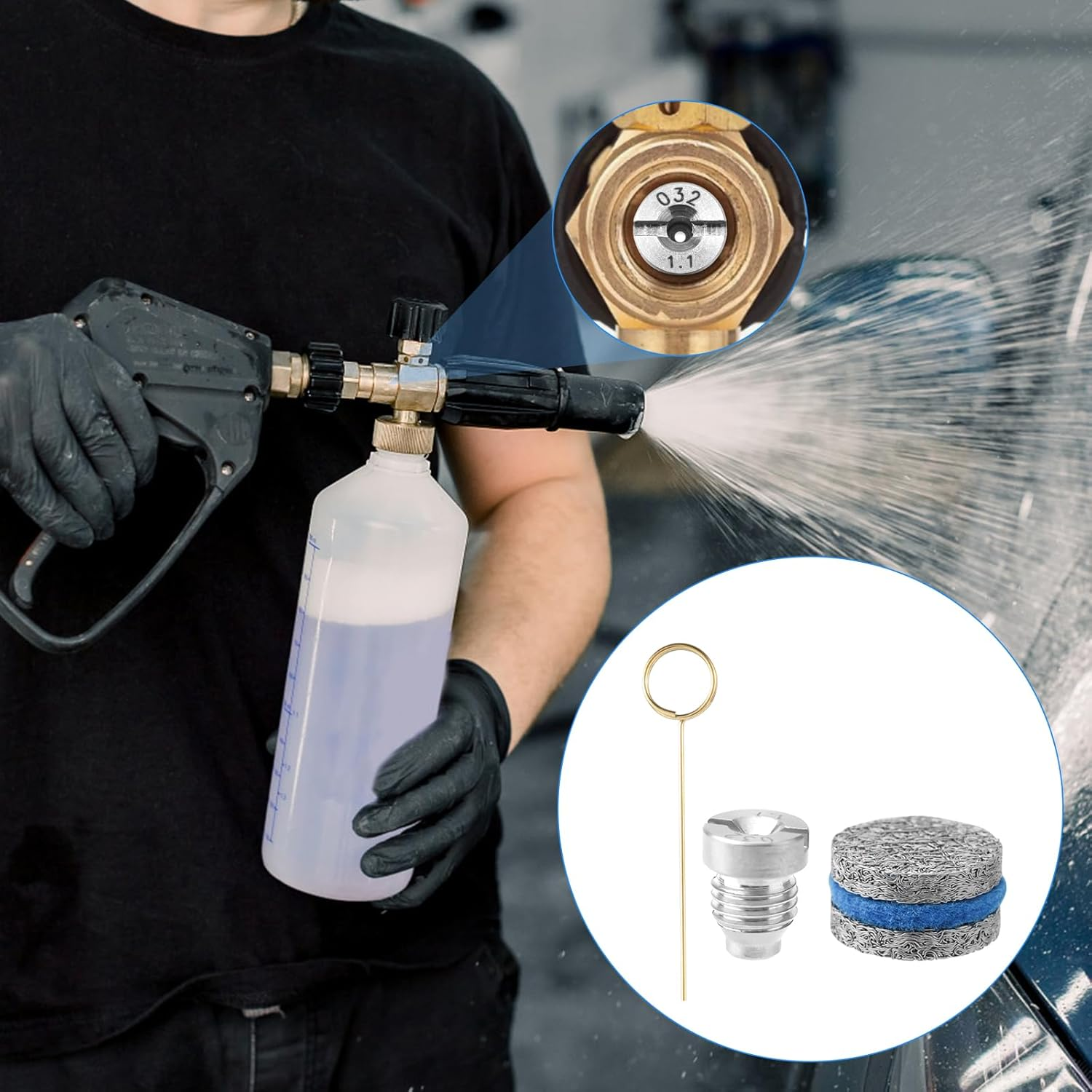 0.04In Foam Cannon Orifice Nozzle Tips, 3000 PSI Foam Cannon Nozzle Replacement Universal Foam Cannon Nozzle with 2 Foam Maker Mesh Cleaning Needle Cotton Pad for Snow Foam Lance image number 5