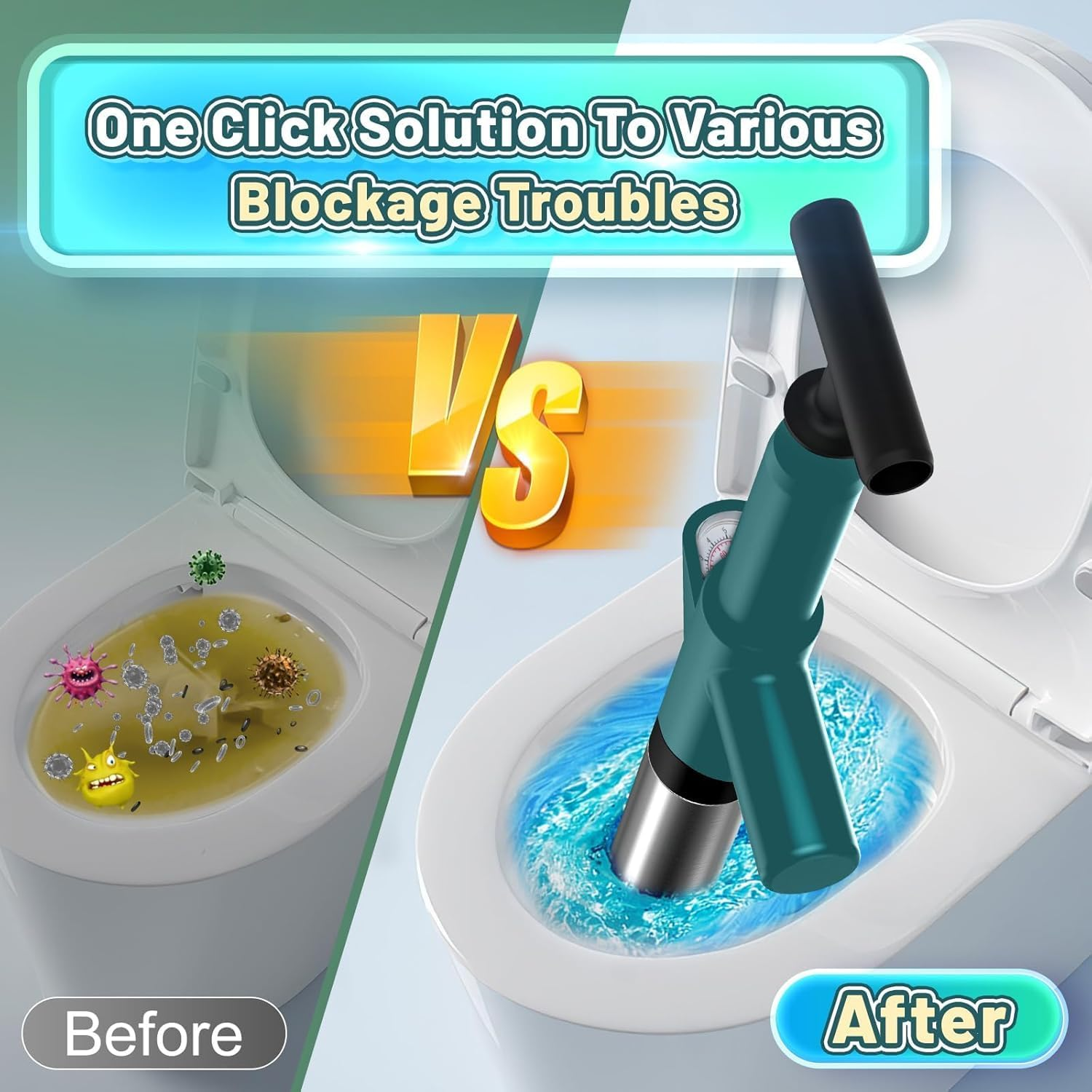 Toilet Plunger, Drain Clog Remover, High Pressure Air Drain Blaster Real-Time Barometer Plunge Blaster Multi-Drain Unclogger for Toilets, Plungers for Bathroom, Sink, Floor, Kitchen Clogged