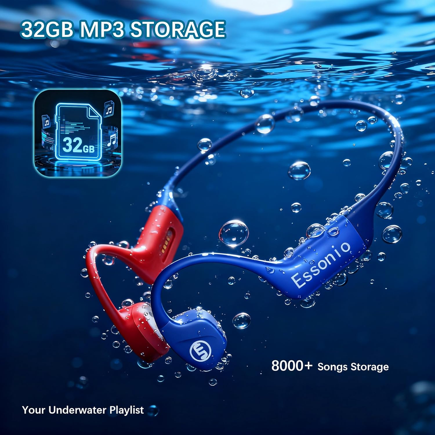 Essonio Usa Bone Conduction Headphones IP68 Waterproof Swimming Headphones with Mic Bluetooth Open Ear Earbuds with MP3 Mode 32GB Memory Deep Bass Secure Fit for Running, Cycling and Fitness, Blue - Bluered image number 3
